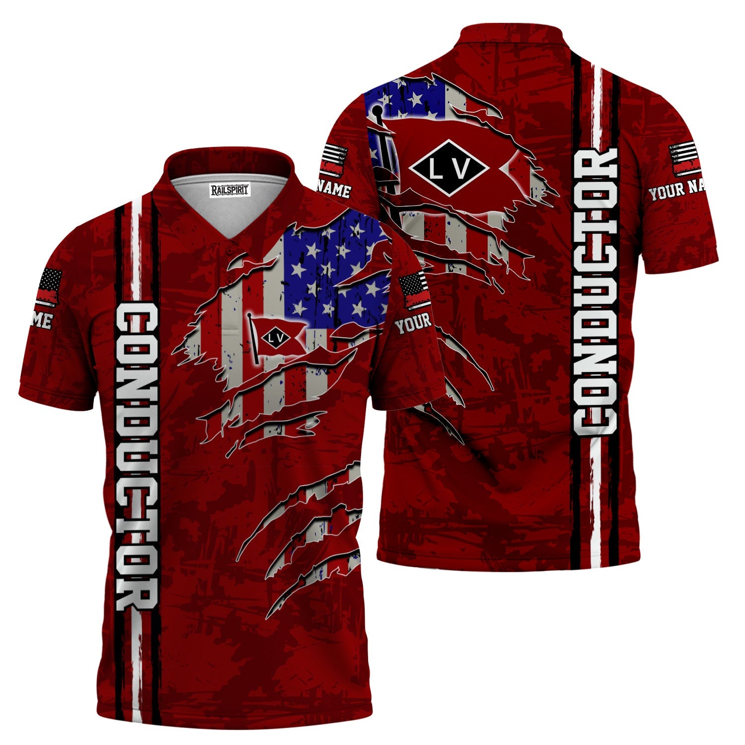 Railspirit Personalized Lehigh Valley Railroad Polo Shirt USA Flag Claw Art with Custom Job Train Shirt