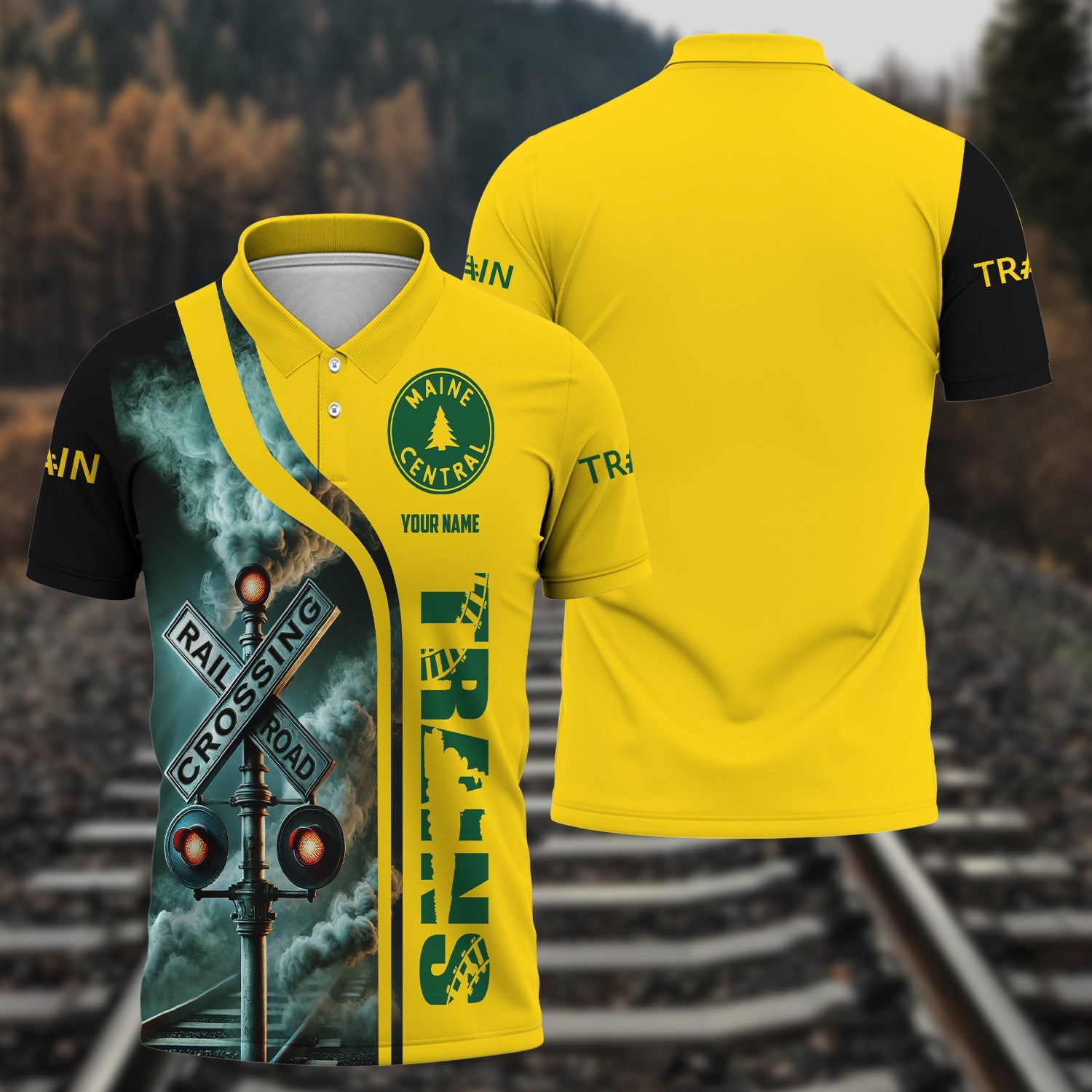 Railspirit Personalized Maine Central Railroad Polo Shirt Crossing Railroad Sign American Locomotive Train Shirt All Over Print