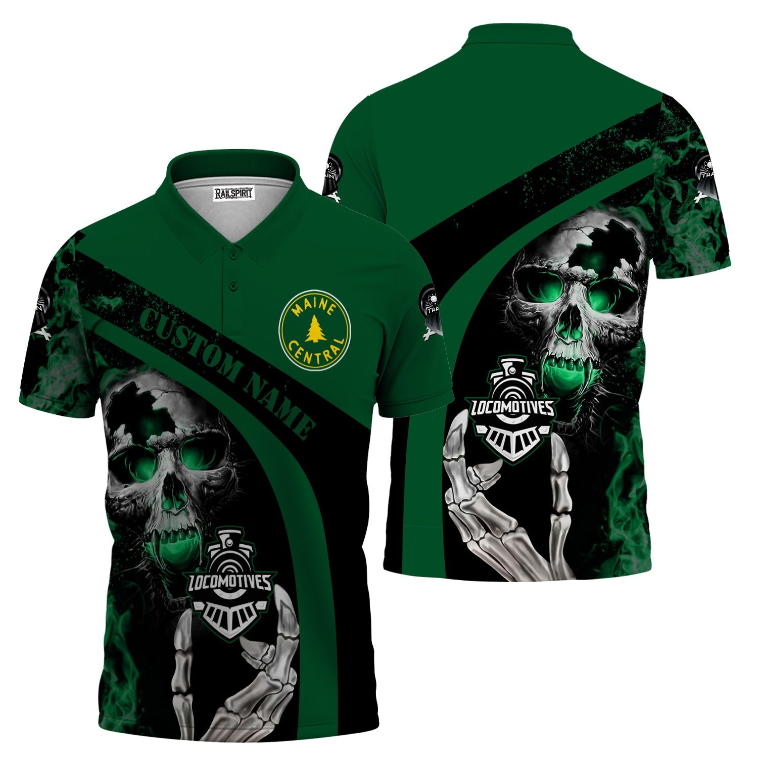 Railspirit Personalized Maine Central Railroad Polo Shirt Flame Skull Design Train Shirt for Locomotive Fans