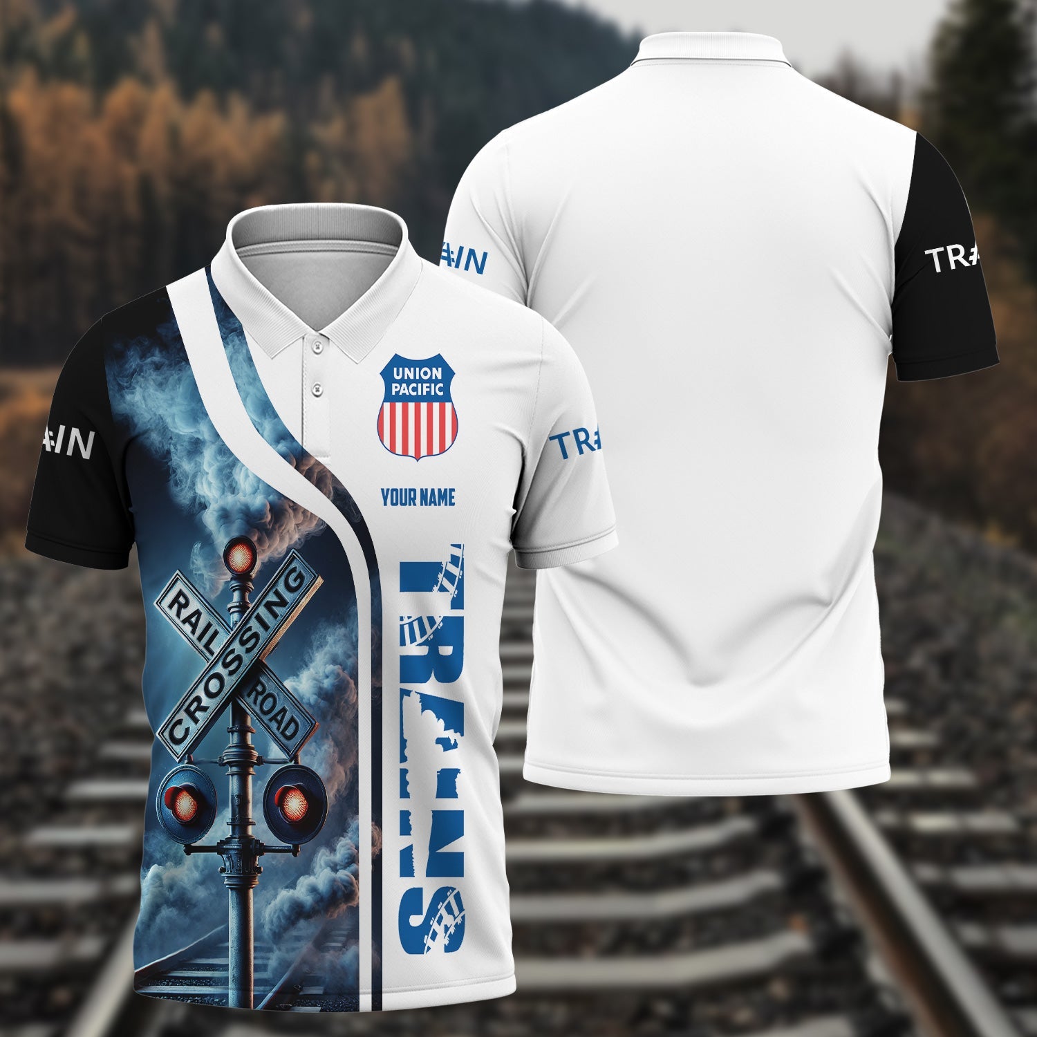 Railspirit Personalized Union Pacific Railroad Polo Shirt Crossing Railroad Sign American Locomotive Train Shirt All Over Print