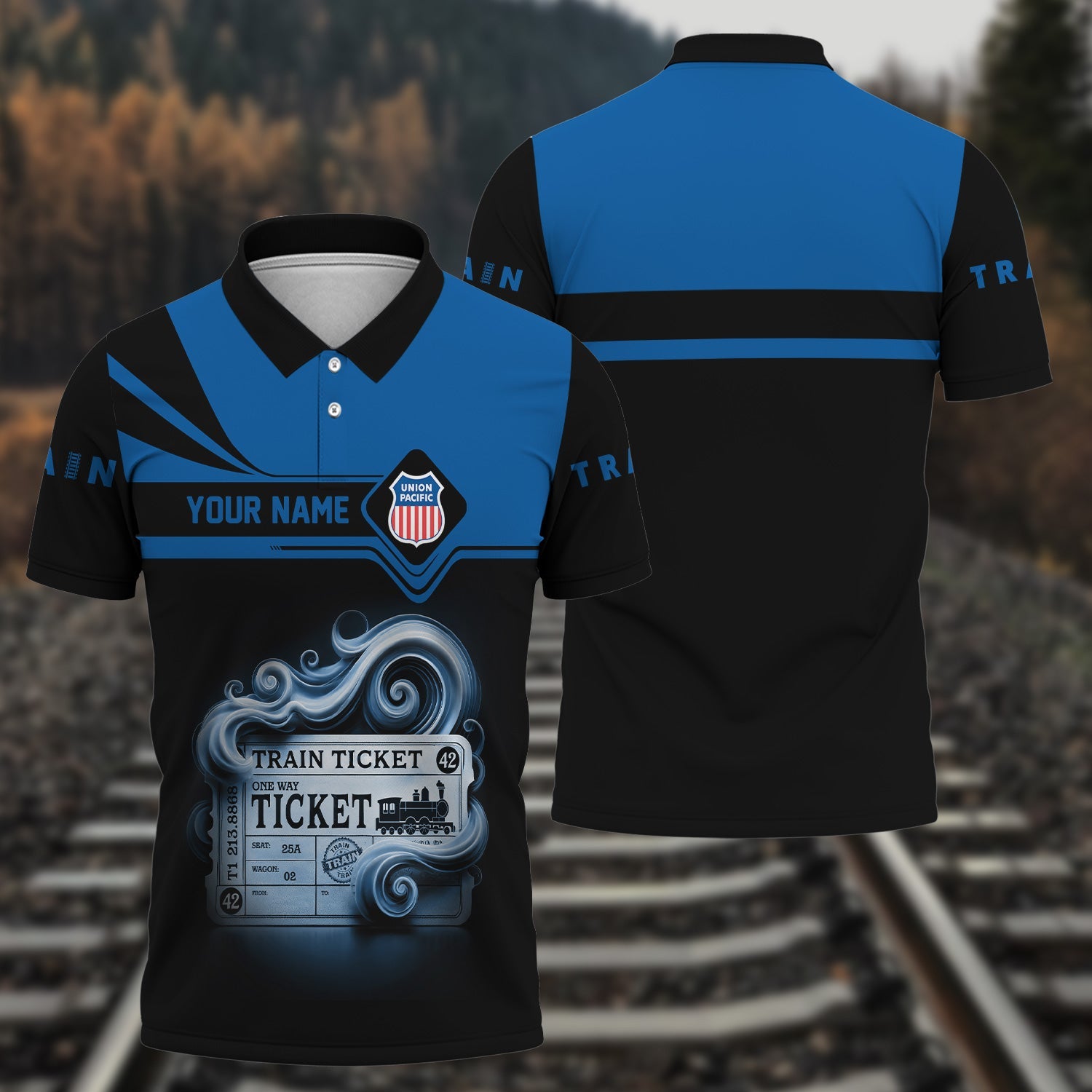 Railspirit Custom Name Union Pacific Railroad Polo Shirt American Train Ticket Big Boy Printed Shirt