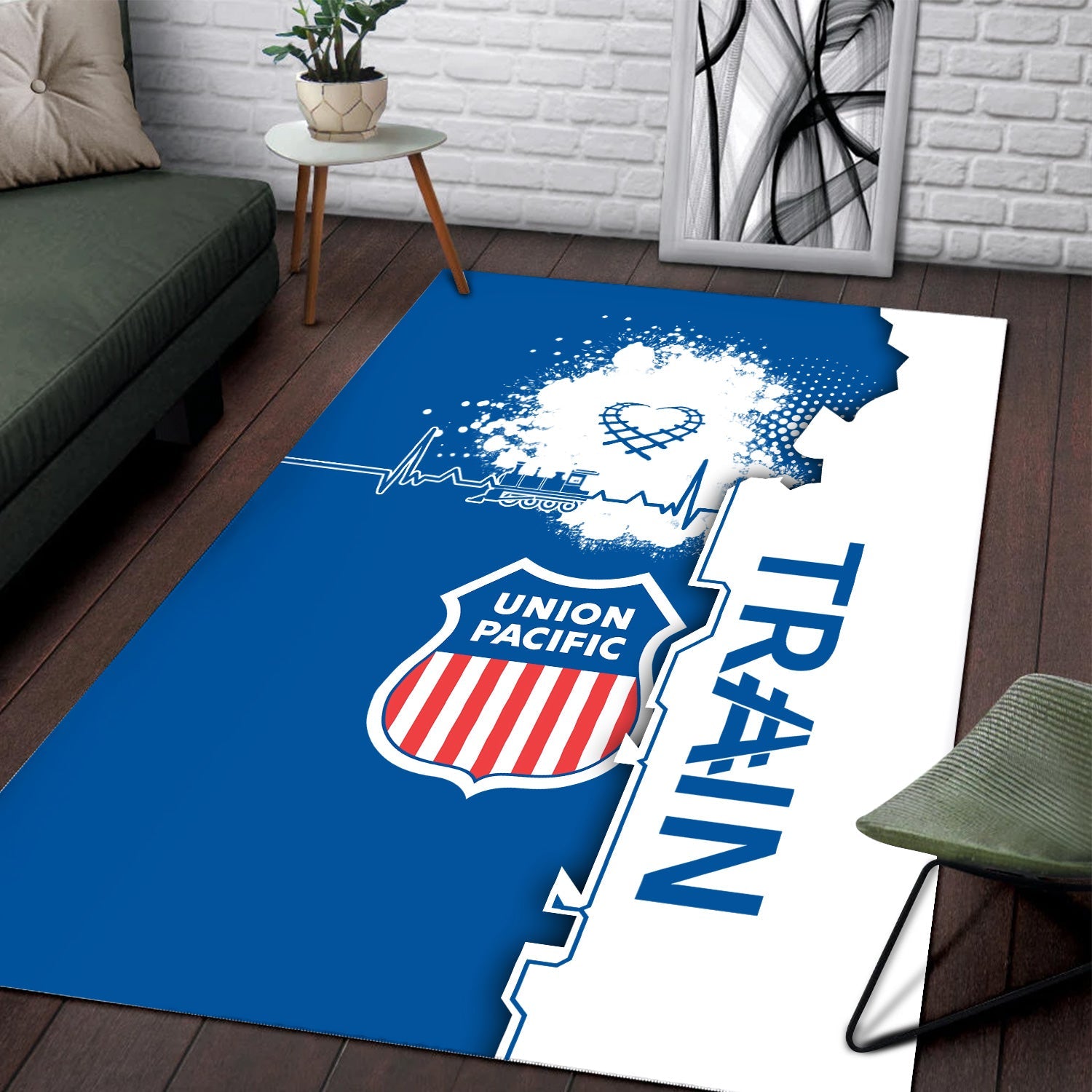 Railspirit Union Pacific Railroad Area Rug Engine Heartbeat and Track Love Style Big Boy Rug Gift Idea For Train Lovers