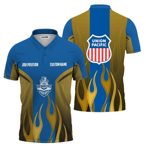 Railspirit Custom Name and Job Title Union Pacific Railroad Polo Shirt Flame Graphic Big Boy Train Shirt
