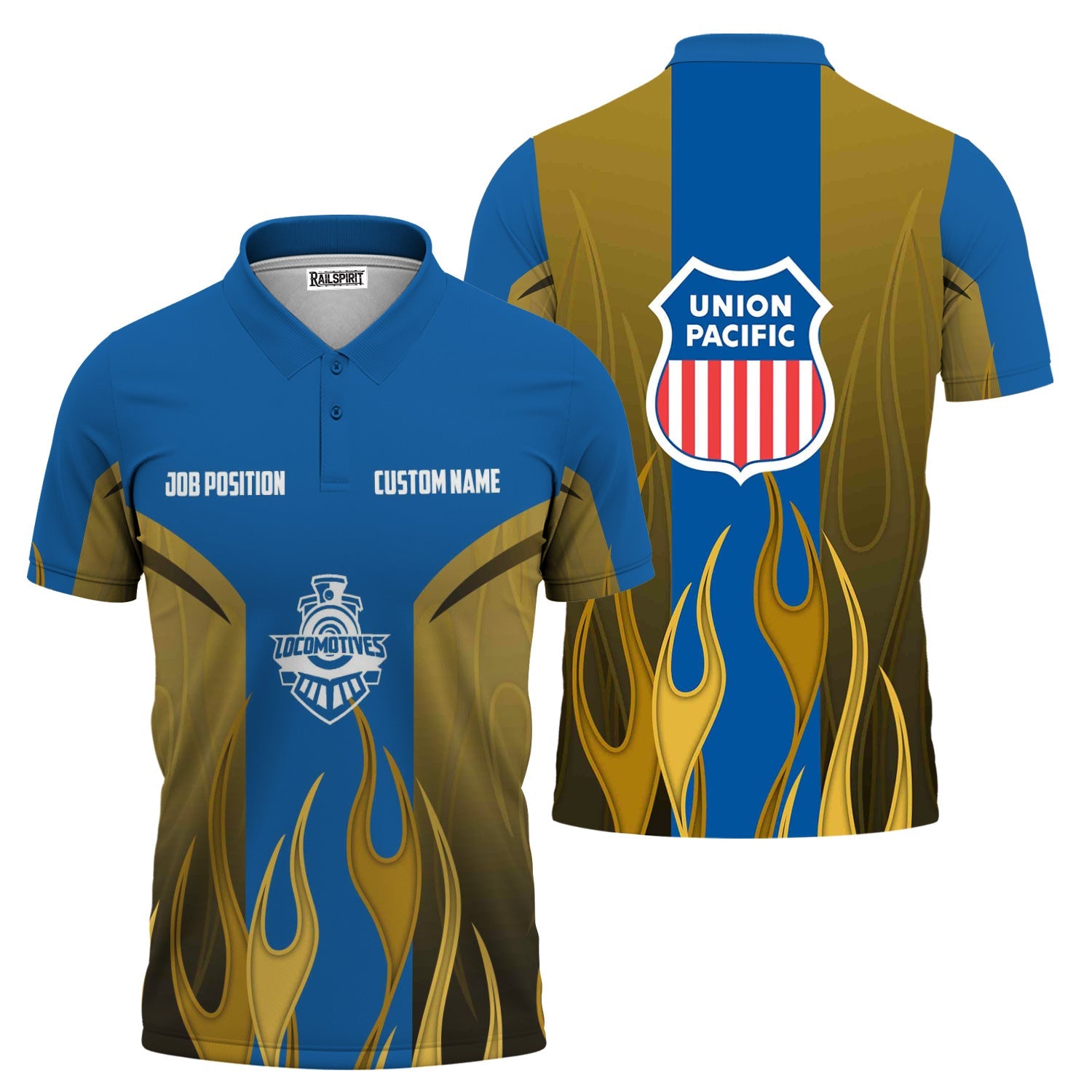 Railspirit Custom Name and Job Title Union Pacific Railroad Polo Shirt Flame Graphic Big Boy Train Shirt