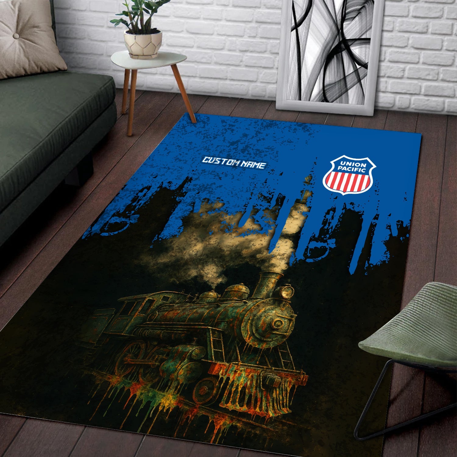 Railspirit Personalized Union Pacific Railroad Area Rug Vintage Train Art Style Big Boy Rug For Locomotive Fans