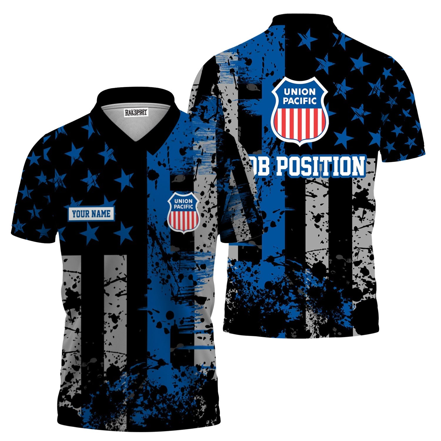 Railspirit Personalized Union Pacific Railroad Polo Shirt Artistic Paint American Flag Style Big Boy Train Shirt