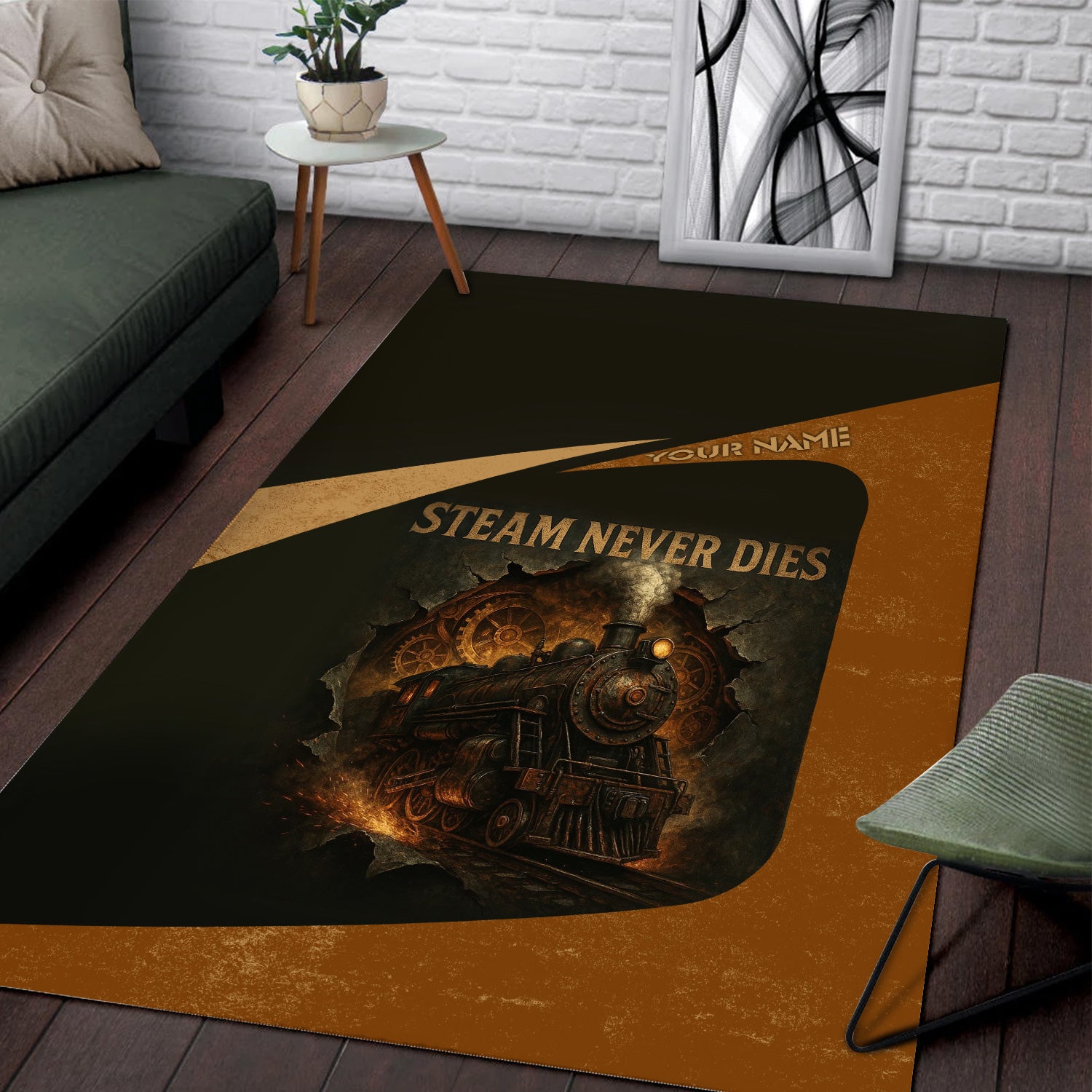 Railspirit Personalized Area Rug Steam Never Dies Vintage Train Rug for Railroad Fanatic