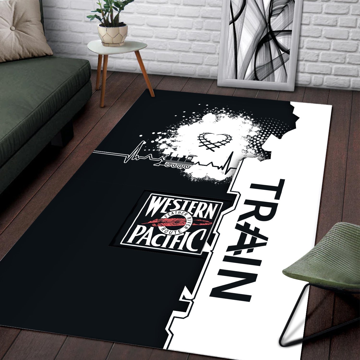 Railspirit Western Pacific Railroad Area Rug Engine Heartbeat and Track Love Style Rug Gift Idea For Train Lovers