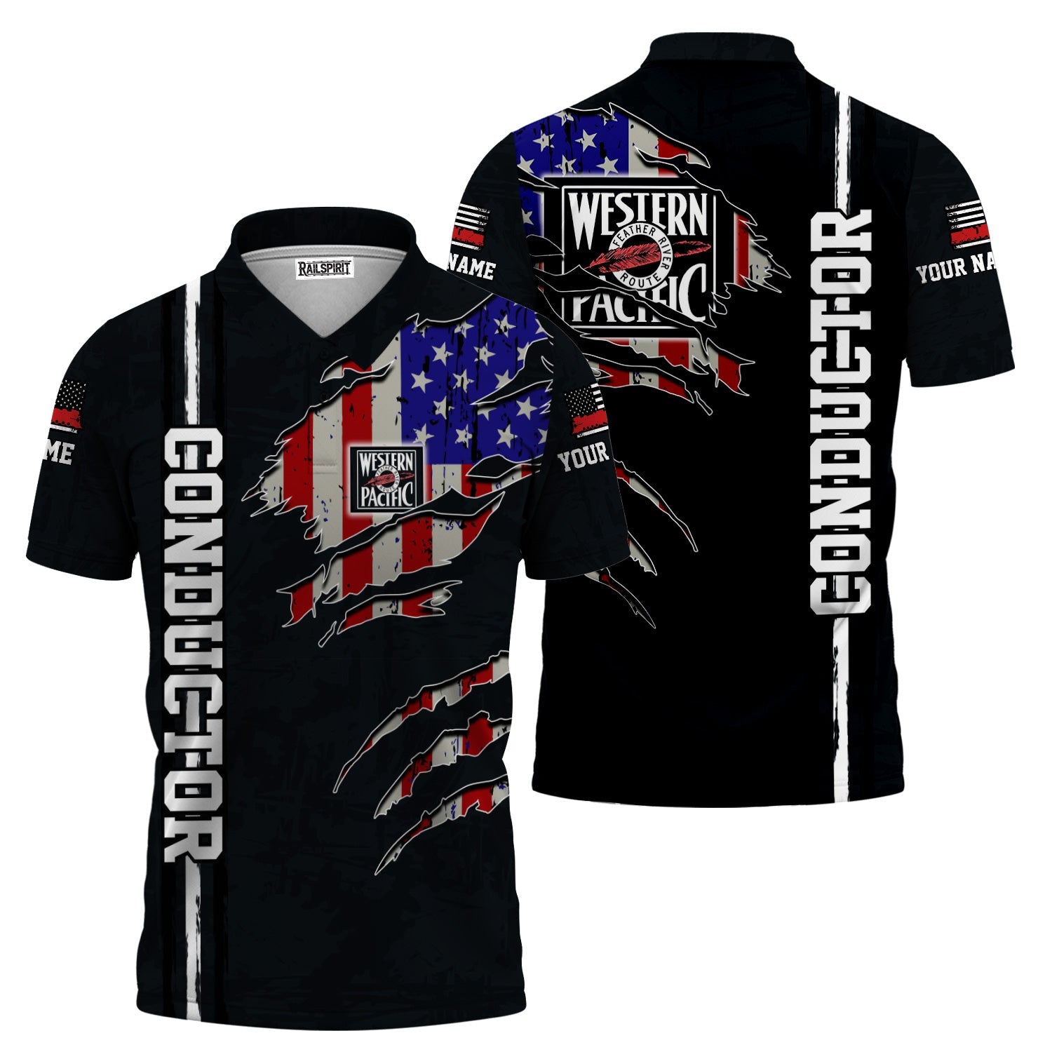 Railspirit Personalized Western Pacific Railroad Polo Shirt USA Flag Claw Art with Custom Job Train Shirt