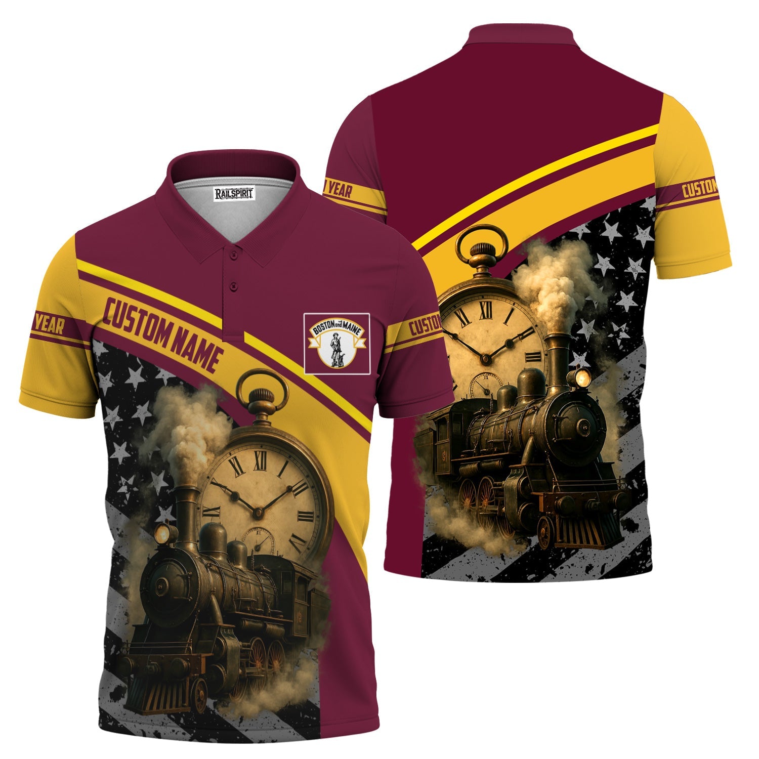 Railspirit Personalized Boston and Maine Railroad Polo Shirt Classic Steam Engine With Retro Pocket Watch Shirt All Over Print