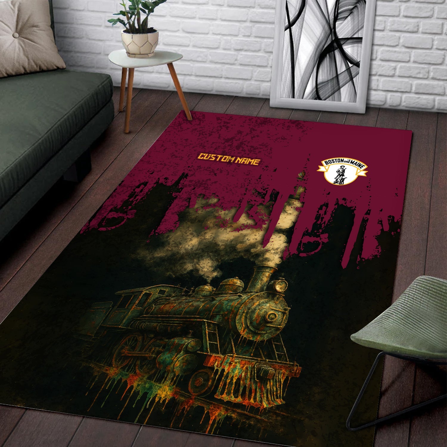 Railspirit Personalized Boston and Maine Railroad Area Rug Vintage Train Art Style Rug For Locomotive Fans