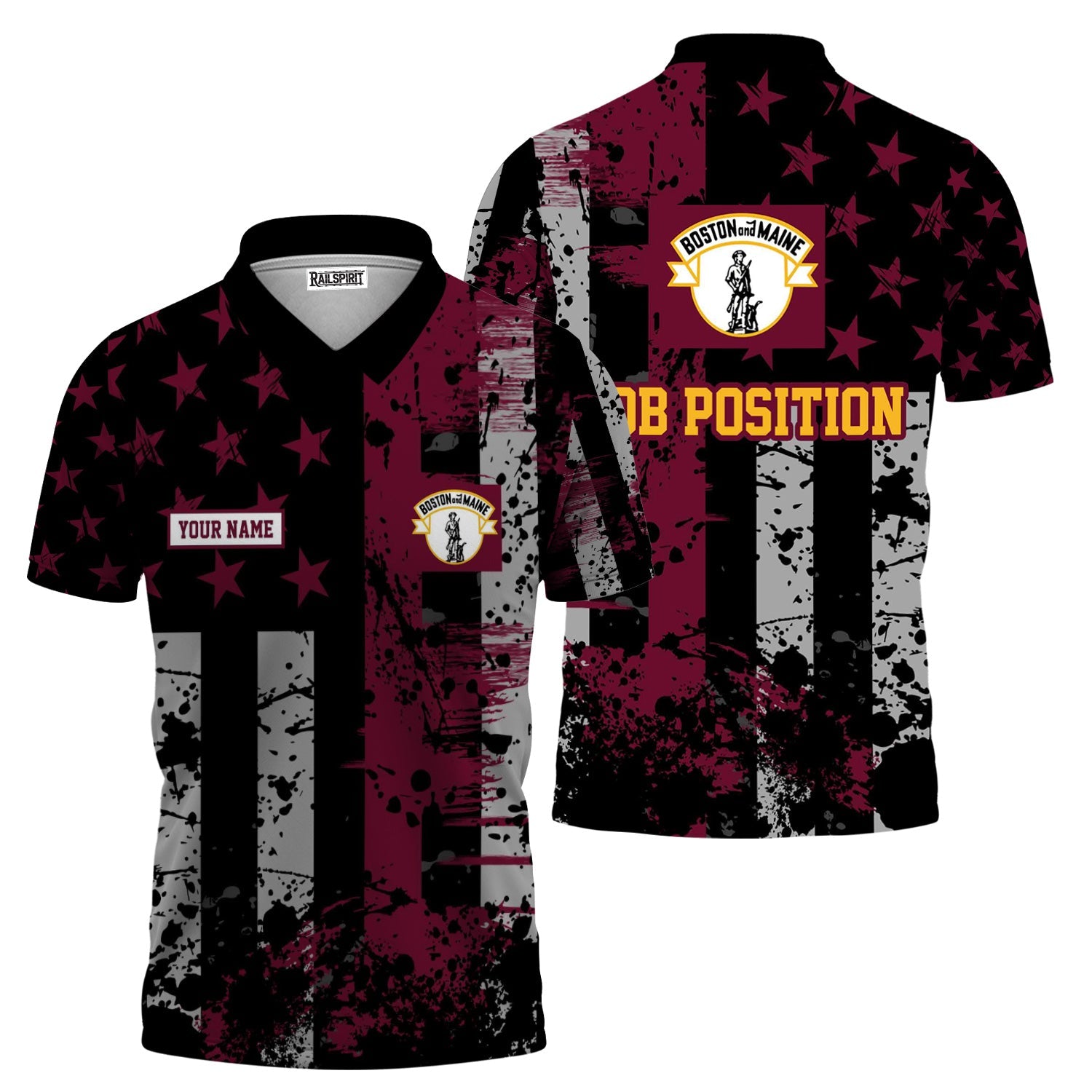 Railspirit Personalized Boston and Maine Railroad Polo Shirt Artistic Paint American Flag Style Train Shirt