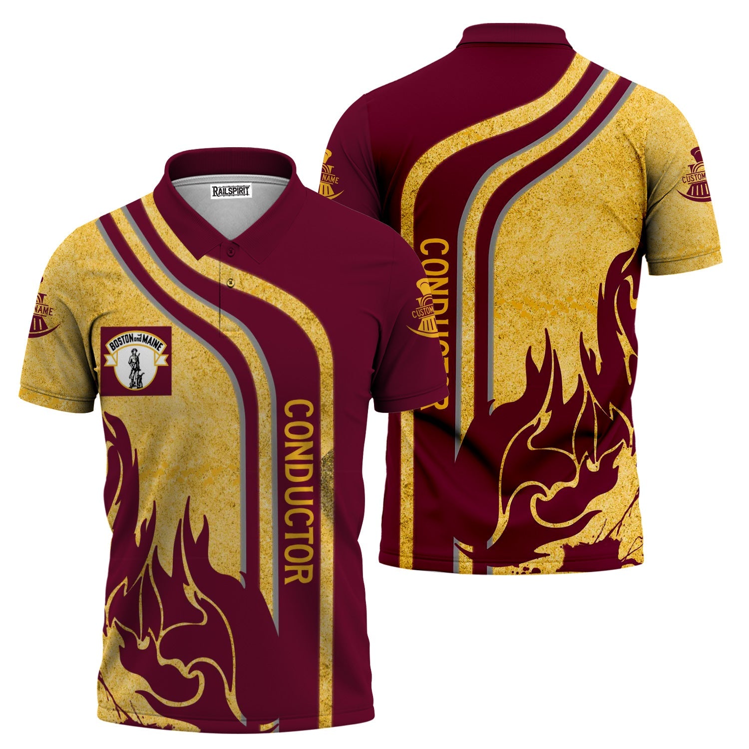 Railspirit Personalized Boston and Maine Railroad Polo Shirt Flame Design with Custom Job Position Train Shirt