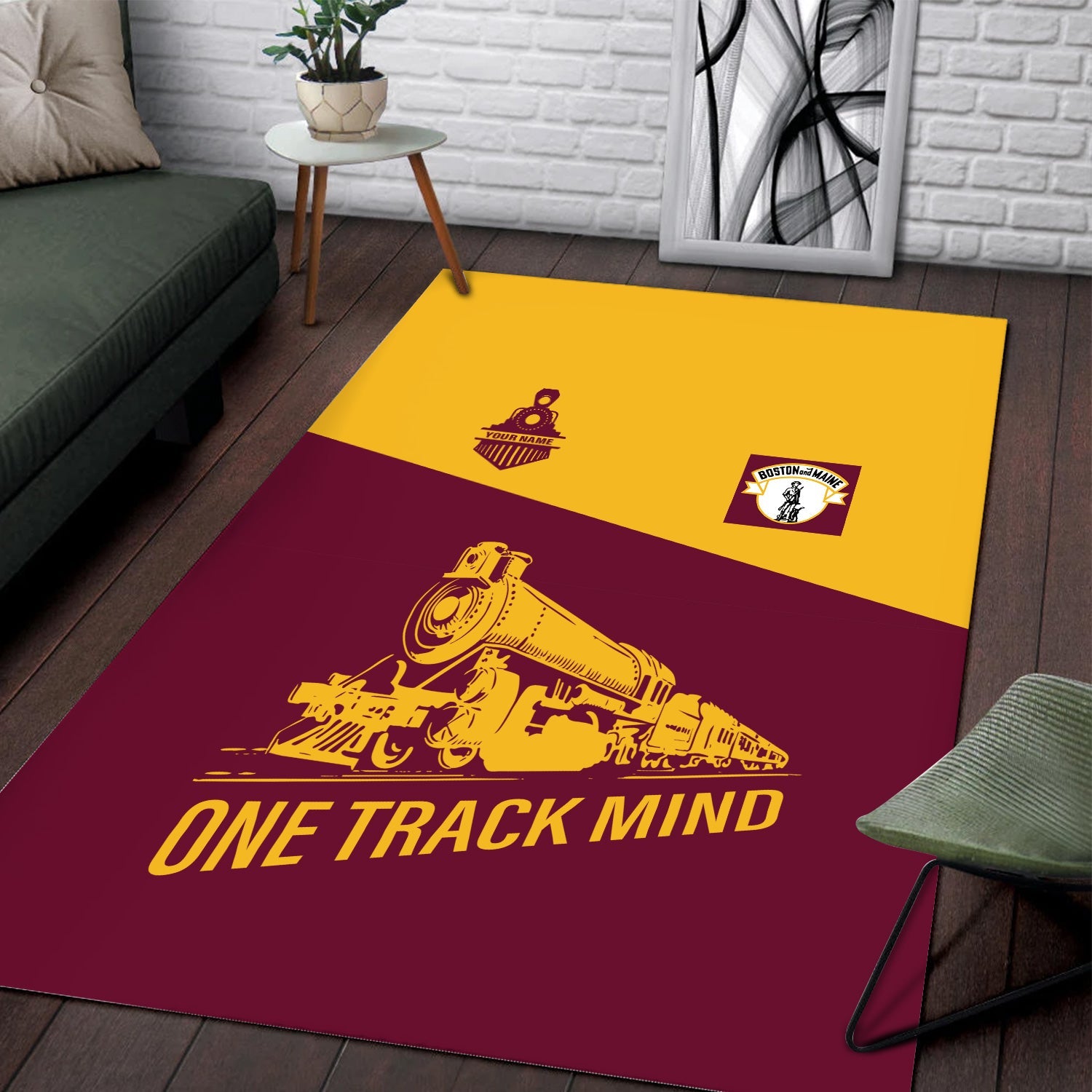 Railspirit Personalized Boston and Maine Railroad Area Rug One Track Mind Train Rug Gift Idea For Train Lover