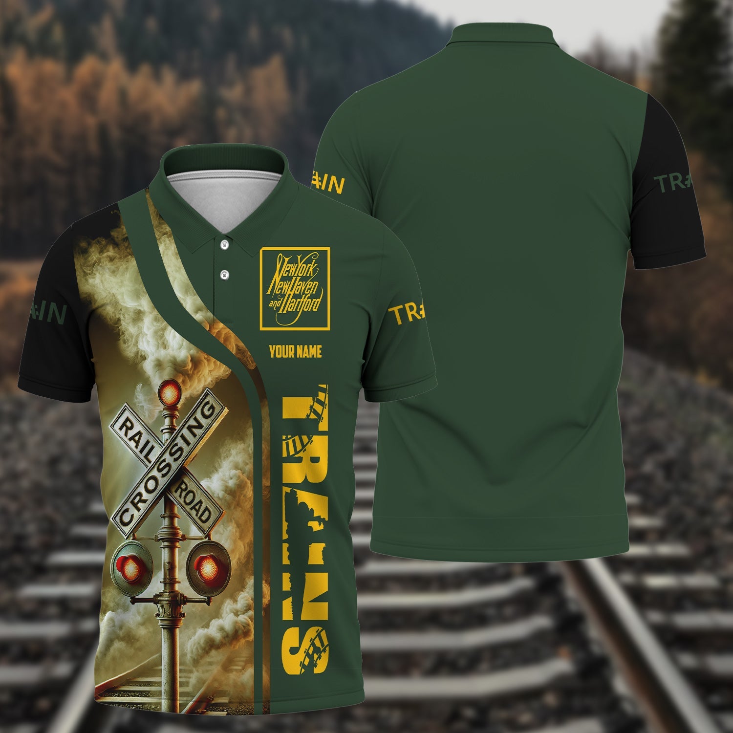 Railspirit Personalized New York, New Haven and Hartford Railroad Polo Shirt Crossing Railroad Sign American Locomotive Train Shirt All Over Print