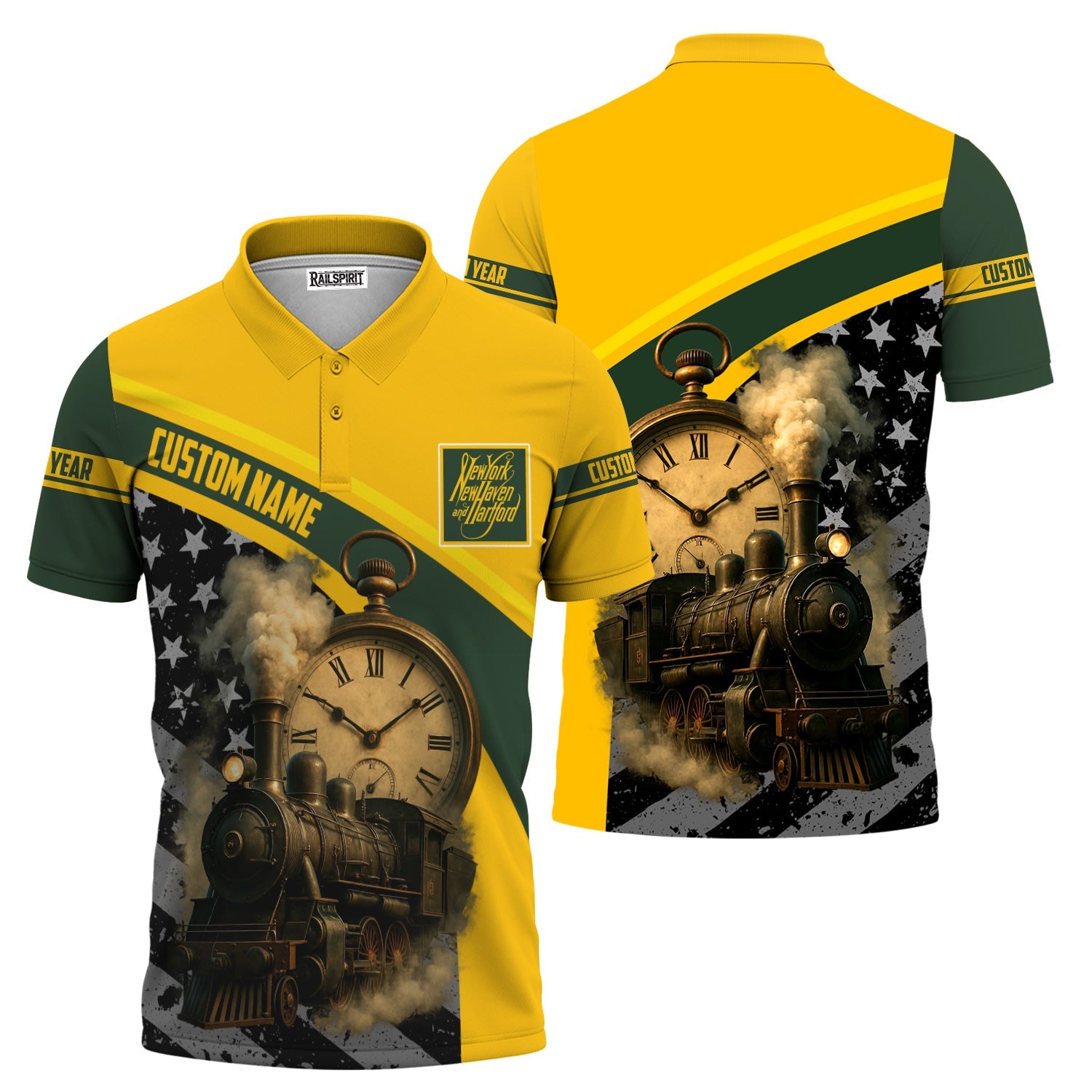 Railspirit Personalized New York, New Haven and Hartford Railroad Polo Shirt Classic Steam Engine With Retro Pocket Watch New Haven Railroad Shirt