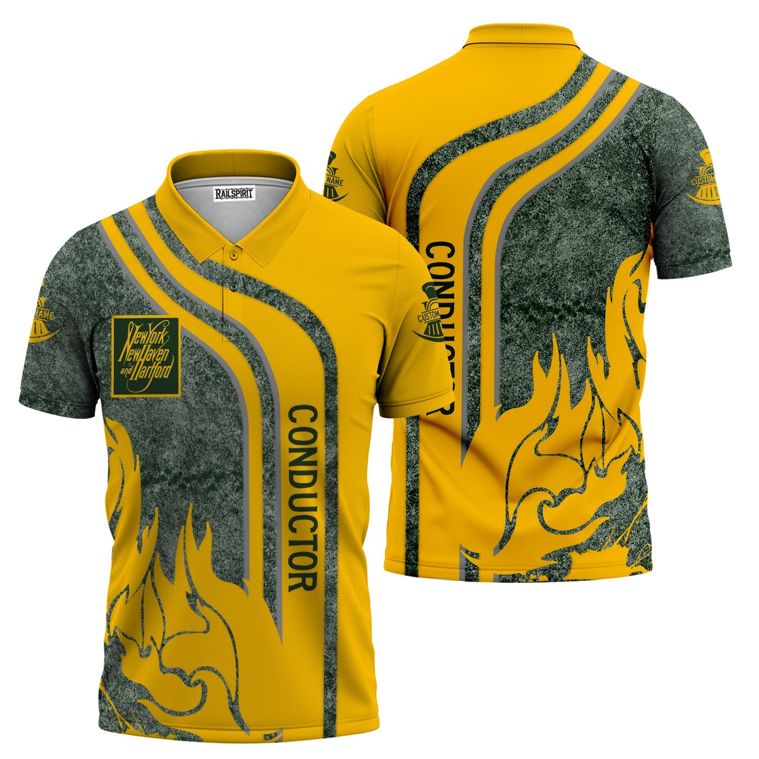 Railspirit Personalized New York, New Haven and Hartford Railroad Polo Shirt Flame Design with Custom Job Position New Haven Railroad Train Shirt
