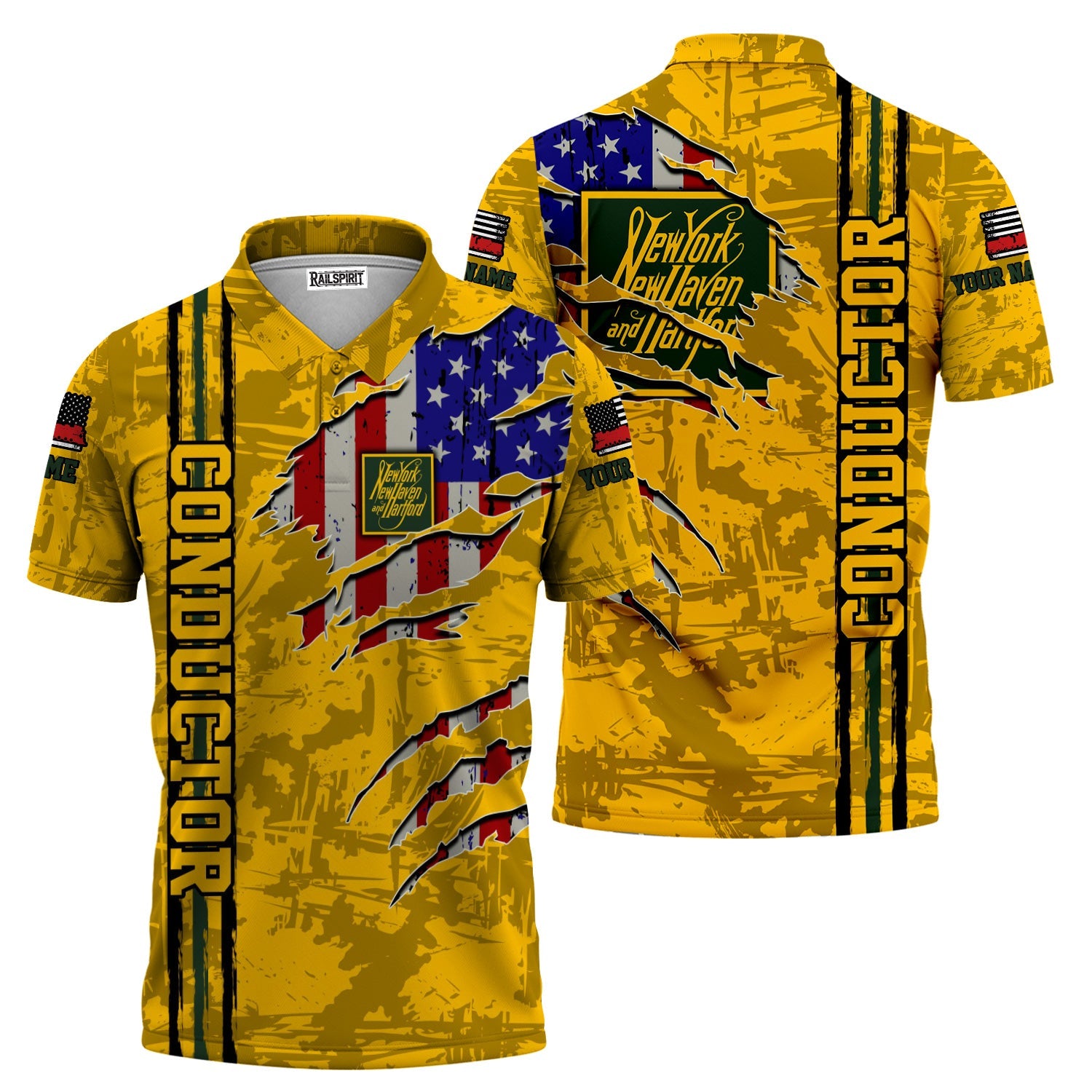 Railspirit Personalized New York, New Haven and Hartford Railroad Polo Shirt USA Flag Claw Art with Custom Job New Haven Railroad Train Shirt