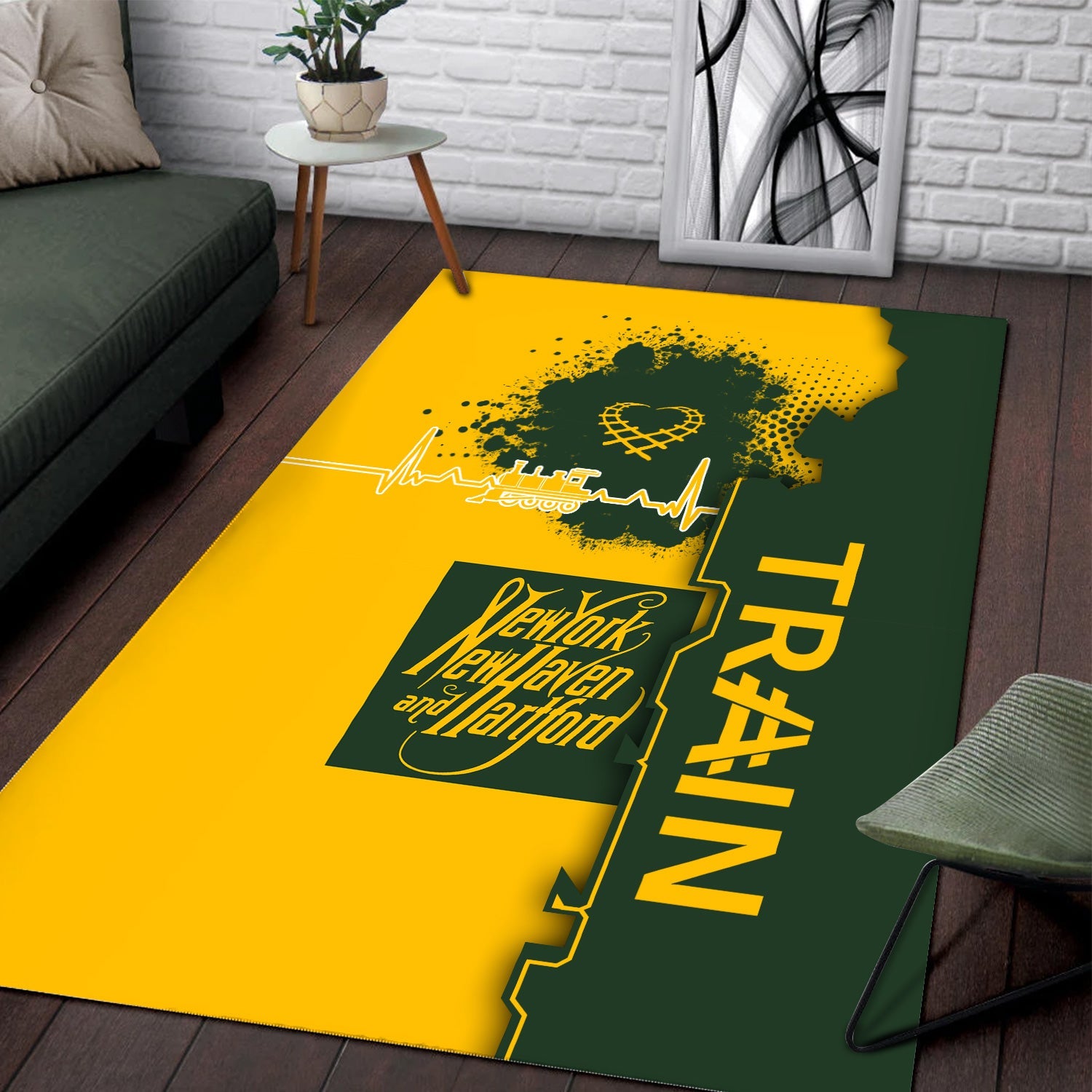 Railspirit New York, New Haven and Hartford Railroad Area Rug Engine Heartbeat and Track Love Style New Haven Railroad Rug Gift Idea For Train Lovers