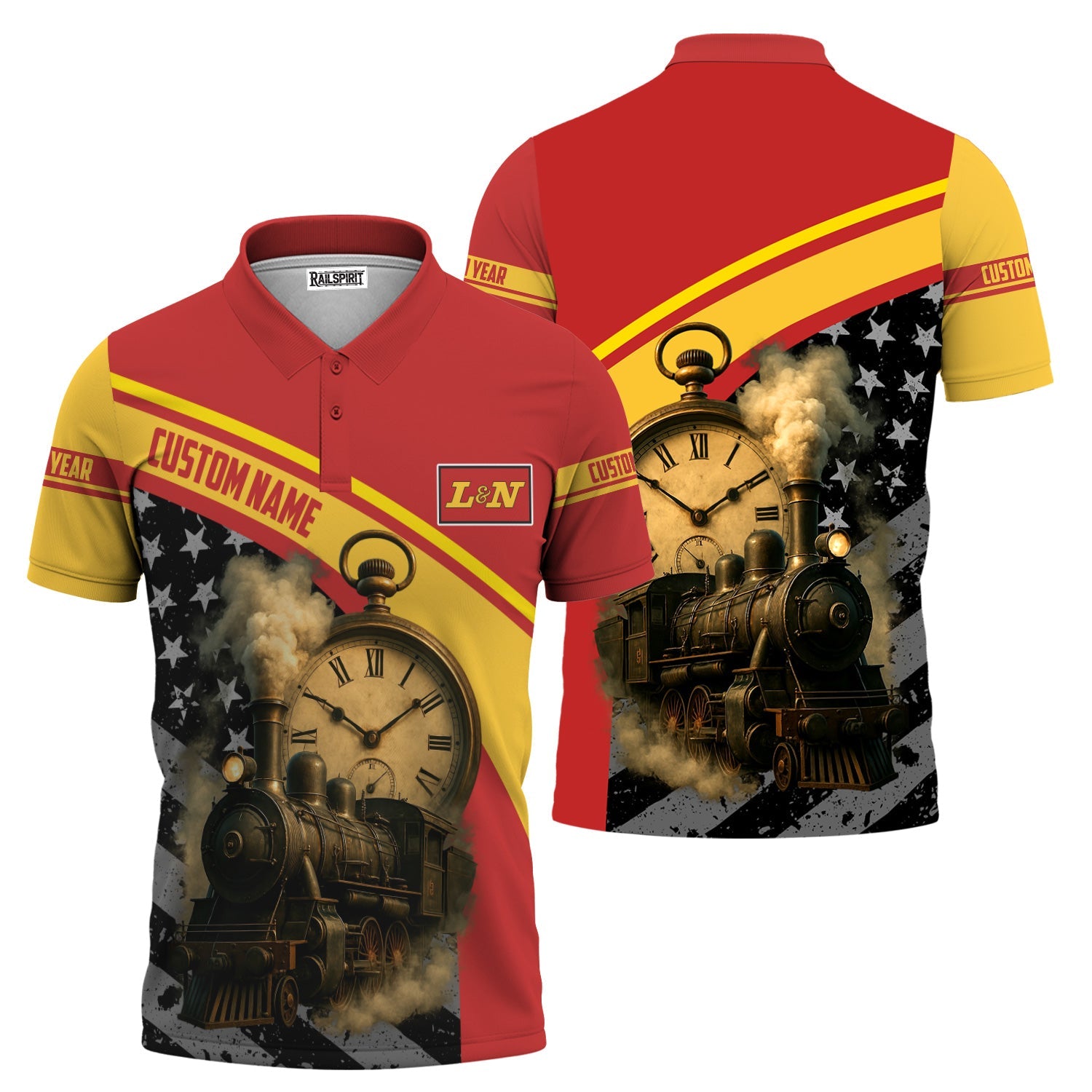 Railspirit Personalized Louisville and Nashville Railroad Polo Shirt Classic Steam Engine With Retro Pocket Watch L&N Shirt All Over Print