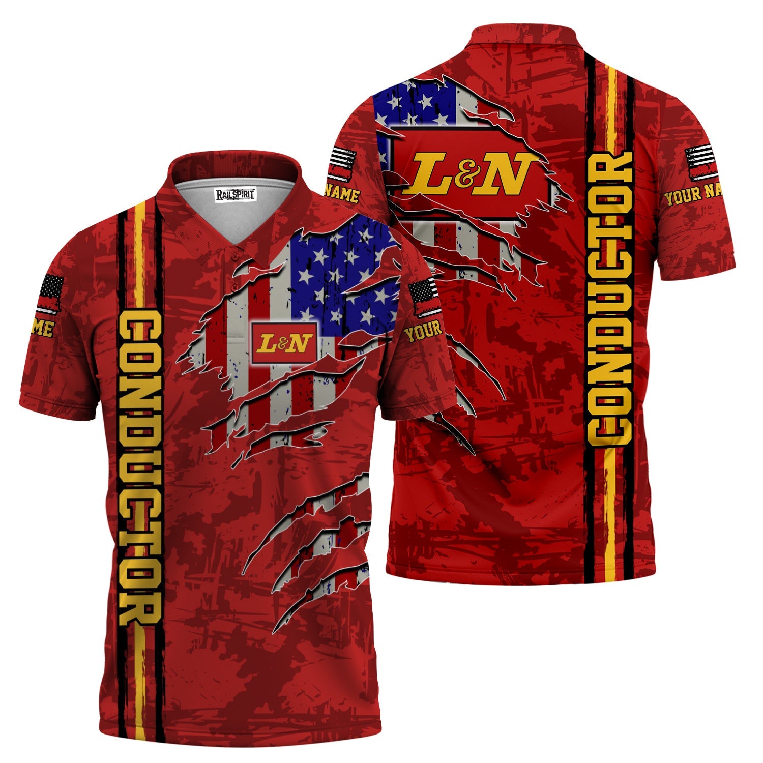 Railspirit Personalized Louisville and Nashville Railroad Polo Shirt USA Flag Claw Art with Custom Job L&N Train Shirt