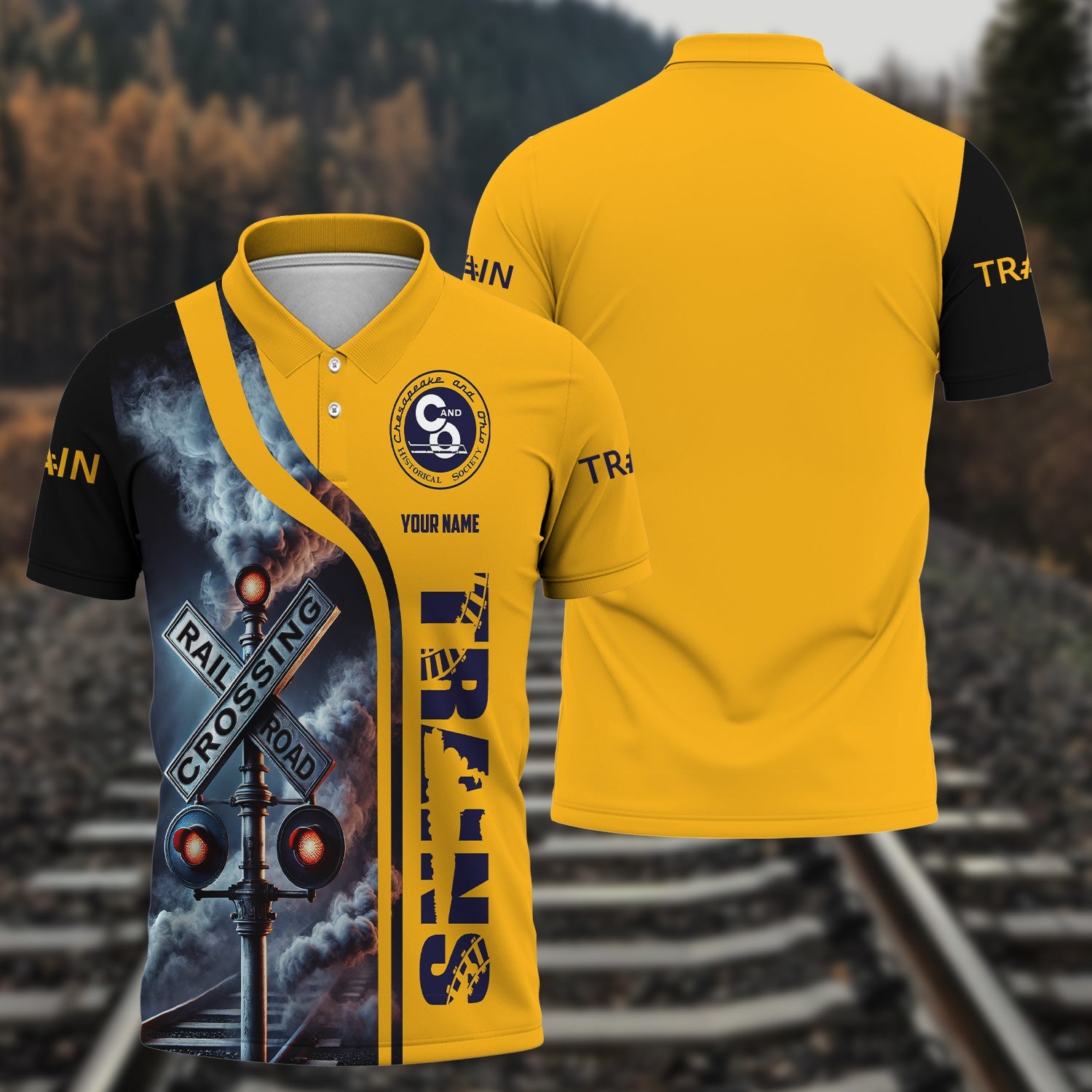 Railspirit Personalized Chesapeake and Ohio Railway Polo Shirt Crossing Railroad Sign American Locomotive Train Shirt All Over Print