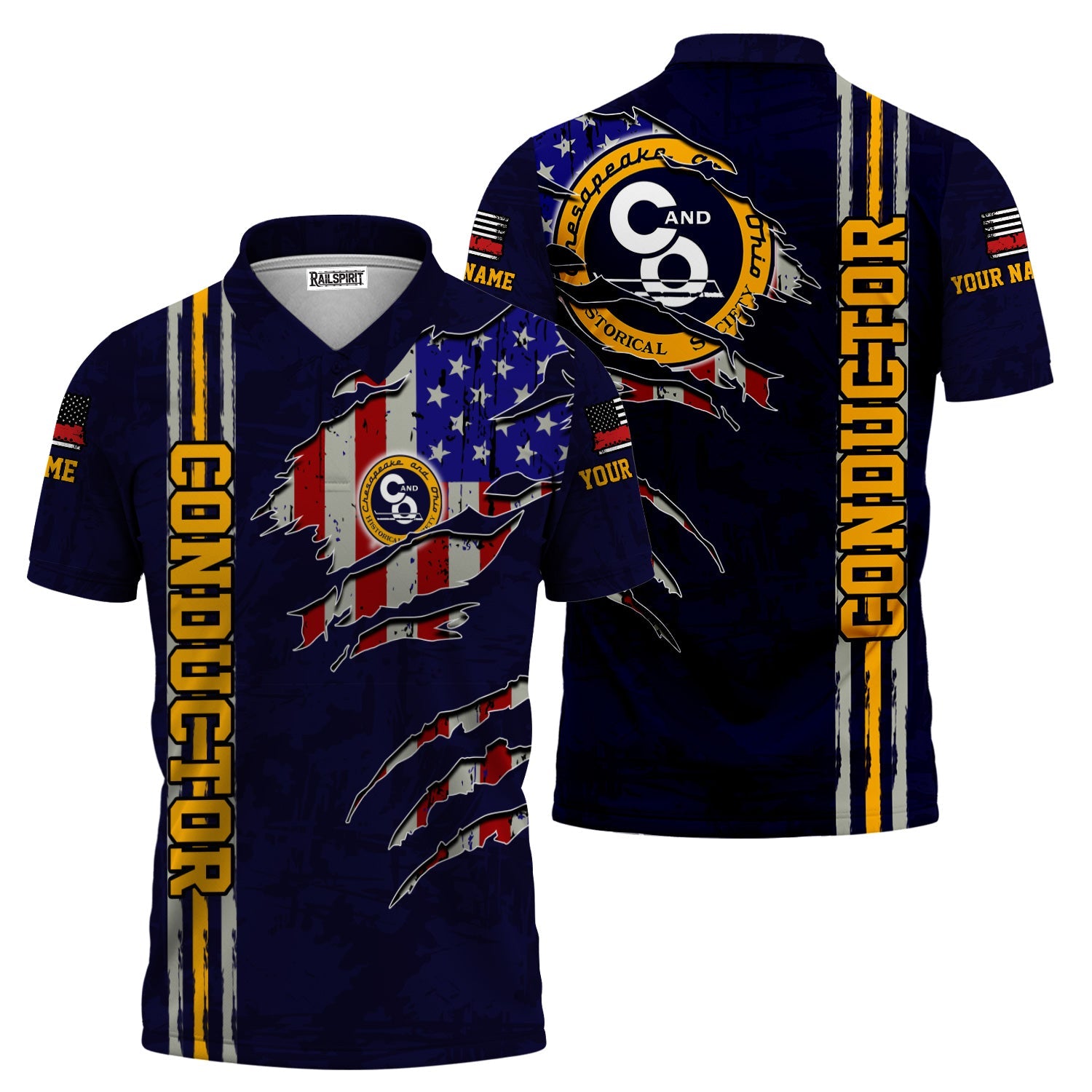 Railspirit Personalized Chesapeake and Ohio Railway Polo Shirt USA Flag Claw Art with Custom Job C&O Train Shirt