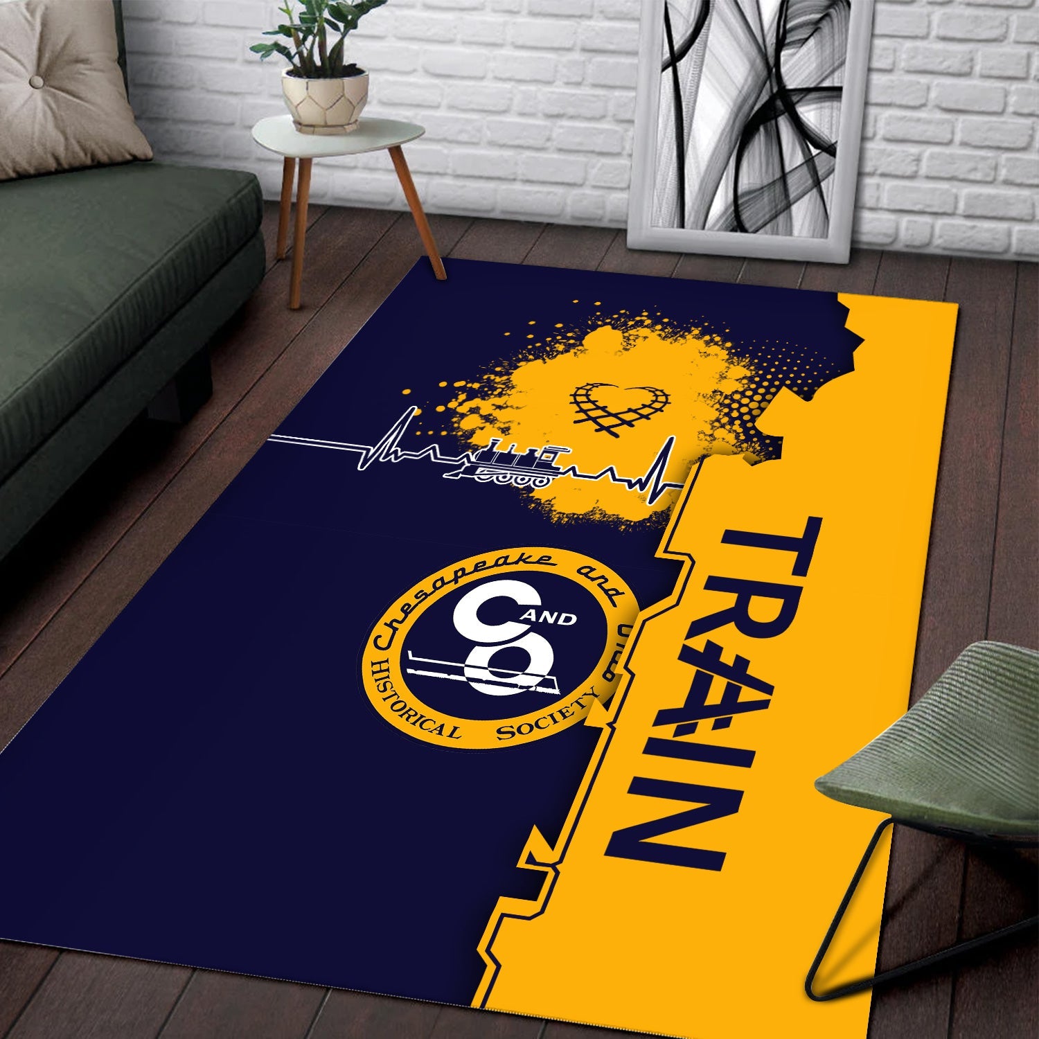 Railspirit Chesapeake and Ohio Railway Area Rug Engine Heartbeat and Track Love Style C&O Rug Gift Idea For Train Lovers
