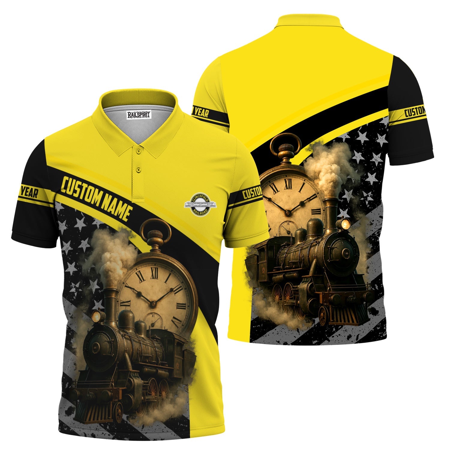 Railspirit Personalized Clinchfield Railroad Polo Shirt Classic Steam Engine With Retro Pocket Watch Shirt All Over Print