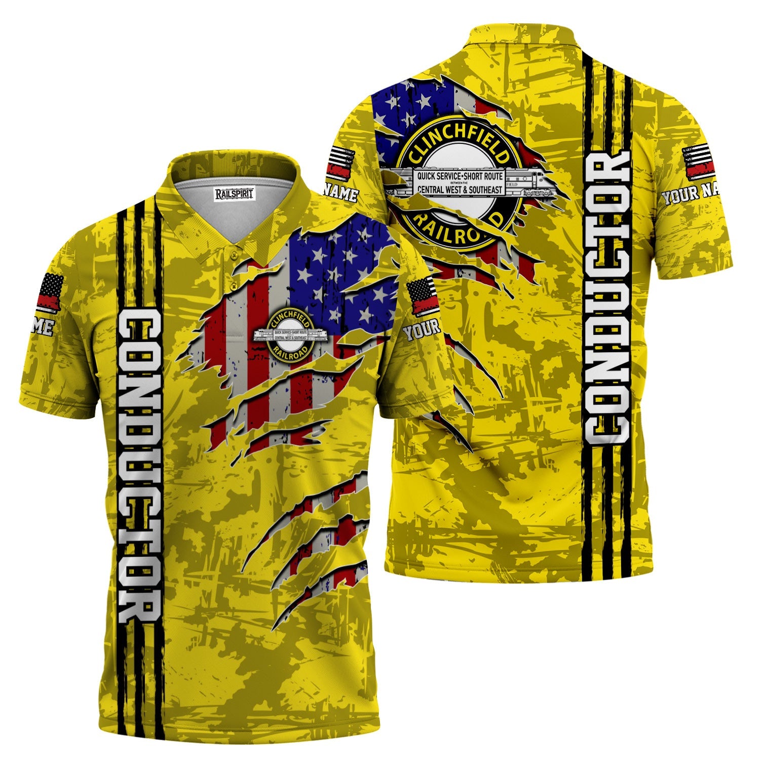 Railspirit Personalized Clinchfield Railroad Polo Shirt USA Flag Claw Art with Custom Job Train Shirt