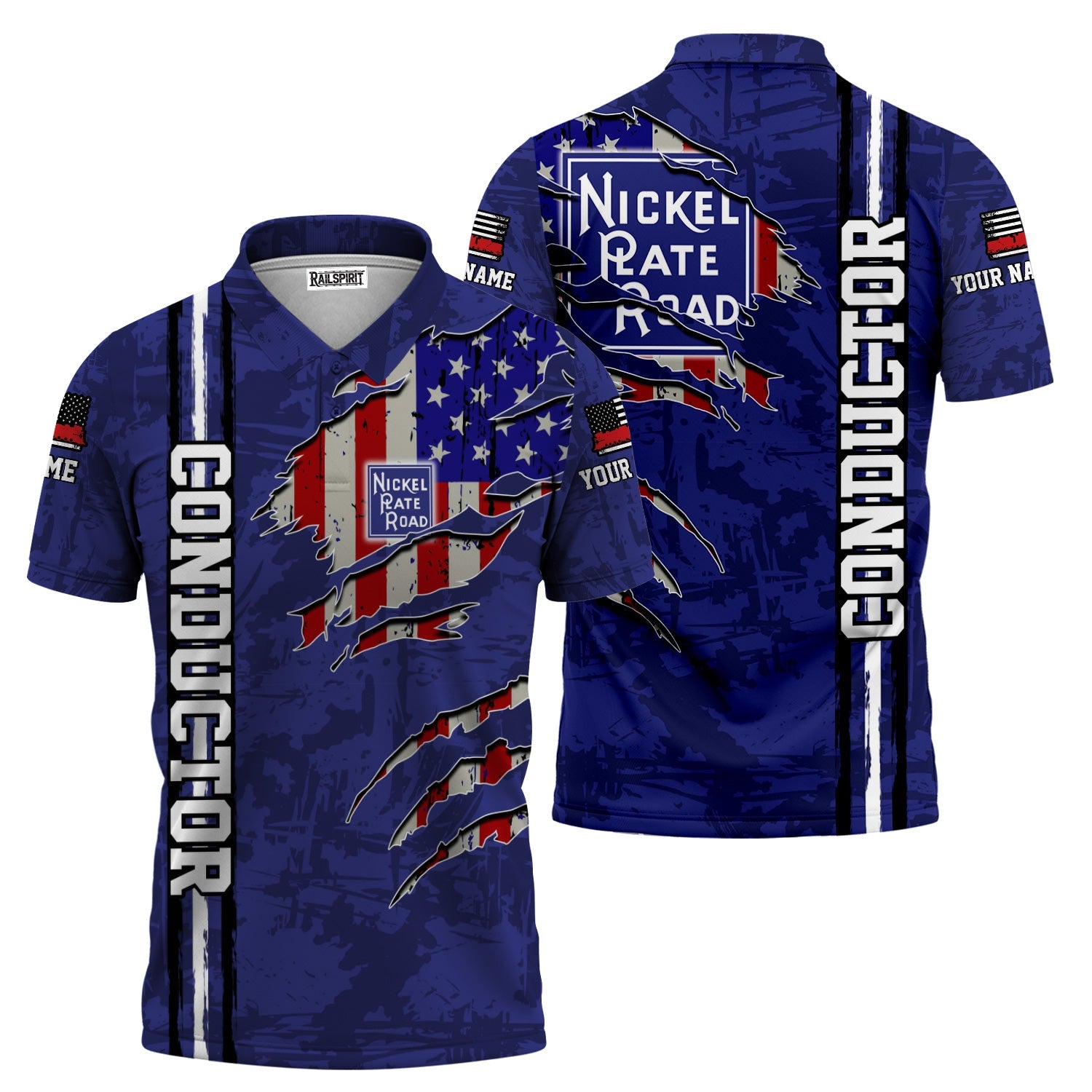 Railspirit Personalized New York, Chicago and St. Louis Railroad Polo Shirt USA Flag Claw Art with Custom Job Nickel Plate Road Train Shirt