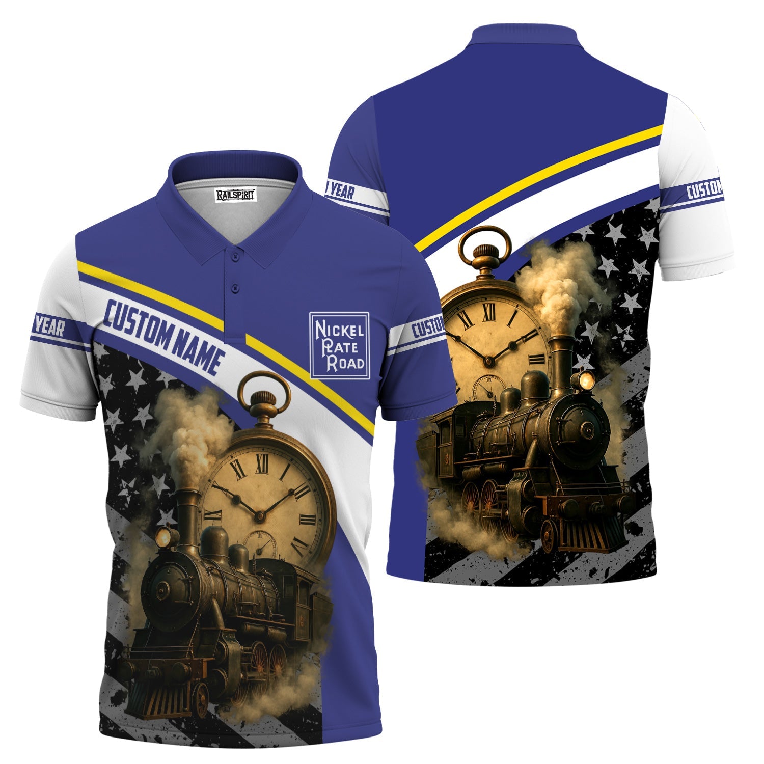 Railspirit Personalized New York, Chicago and St. Louis Railroad Polo Shirt Classic Steam Engine With Retro Pocket Watch Nickel Plate Road Shirt