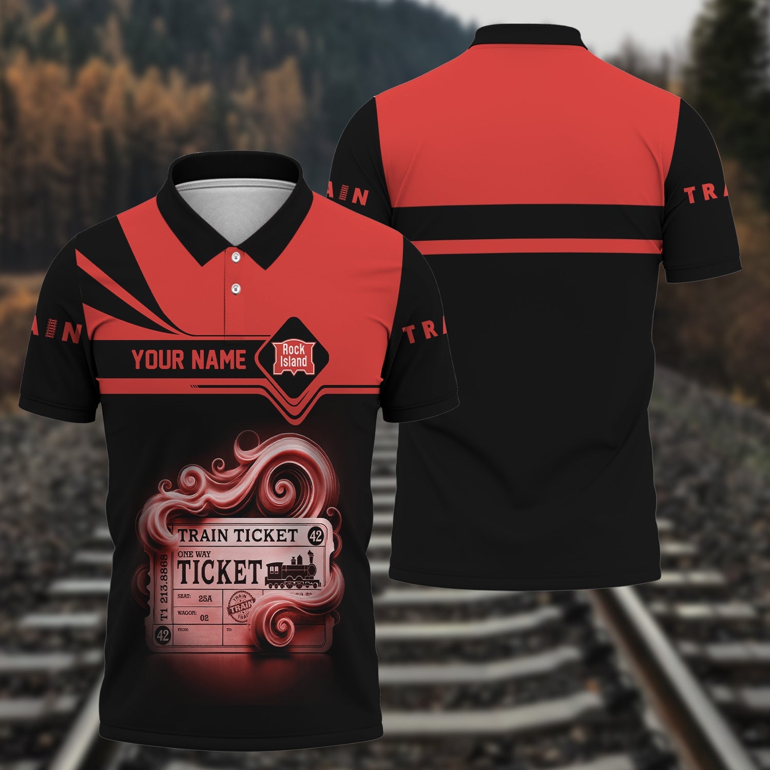 Railspirit Custom Name Chicago, Rock Island and Pacific Railroad Polo Shirt American Train Ticket Rock Island Railroad Printed Shirt