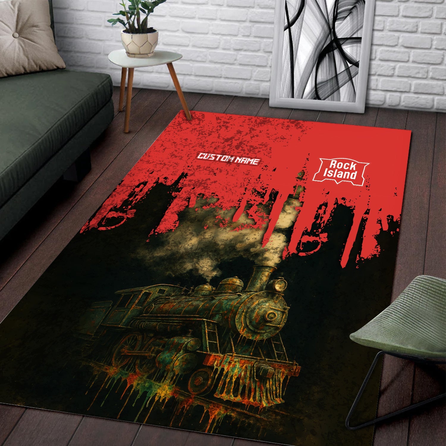 Railspirit Personalized Chicago, Rock Island and Pacific Railroad Area Rug Vintage Train Art Style Rock Island Railroad Rug For Locomotive Fans