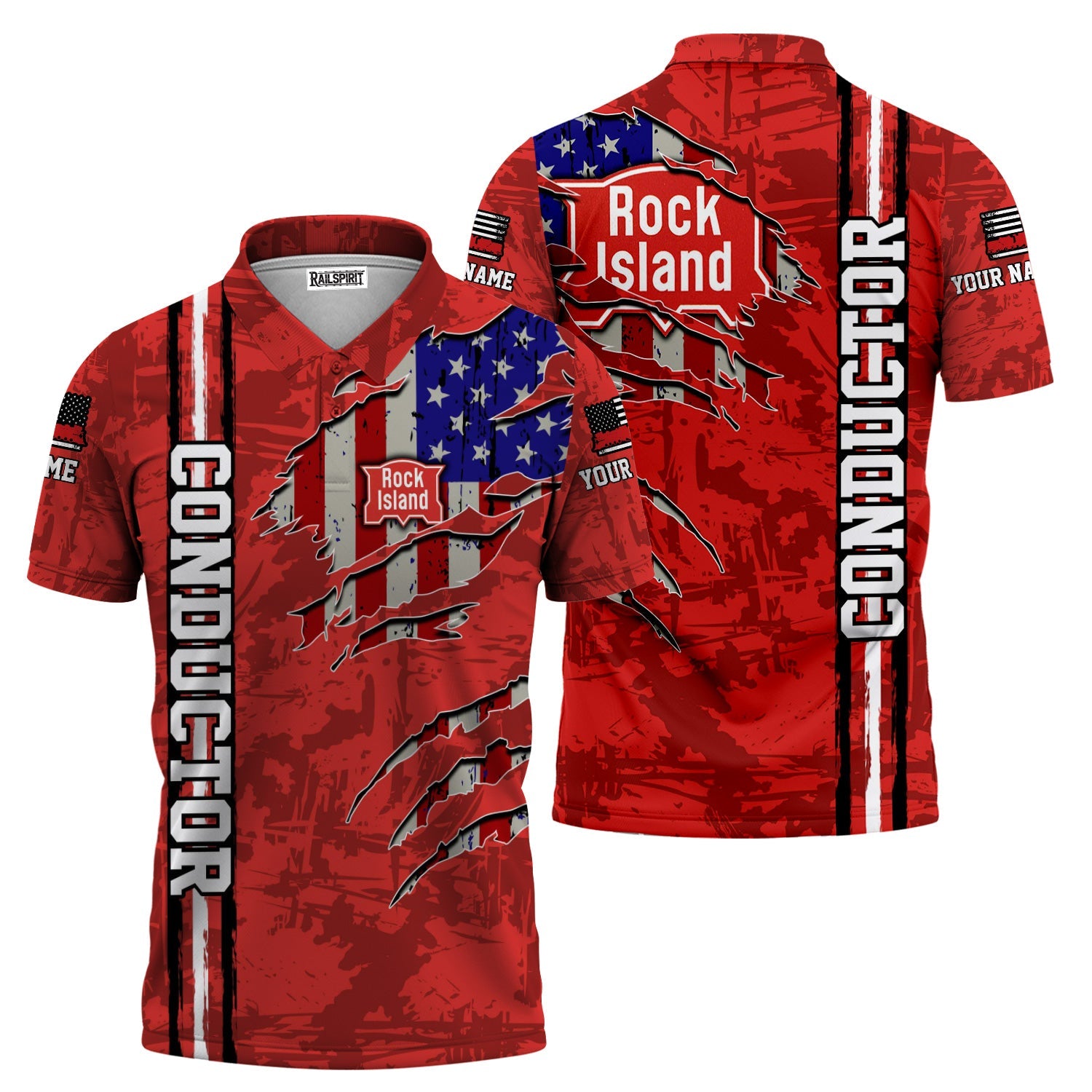 Railspirit Personalized Chicago, Rock Island and Pacific Railroad Polo Shirt USA Flag Claw Art with Custom Job Rock Island Railroad Train Shirt