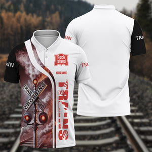 Railspirit Personalized Chicago, Rock Island and Pacific Railroad Polo Shirt Crossing Railroad Sign American Locomotive Train Shirt