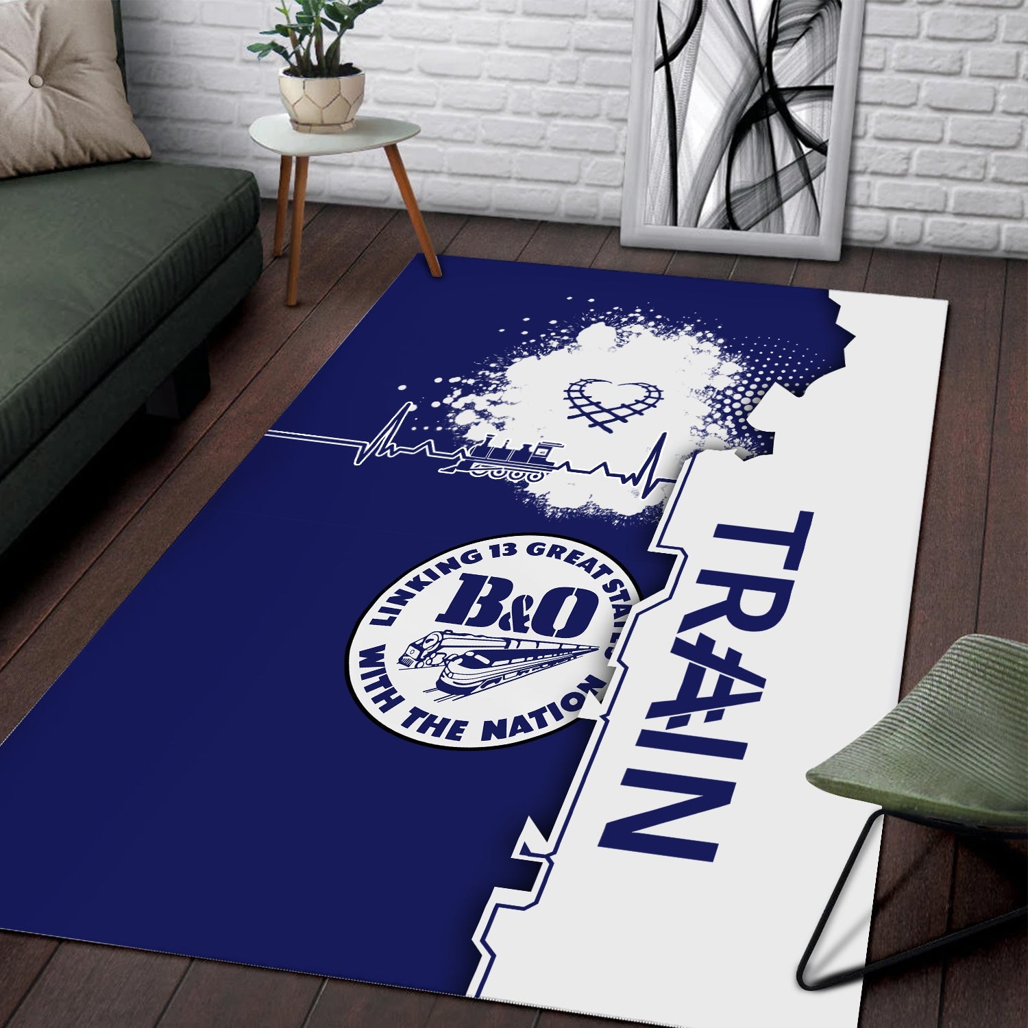 Railspirit B&O Great States Railroad Area Rug Engine Heartbeat and Track Love Style Rug Gift Idea For Train Lovers