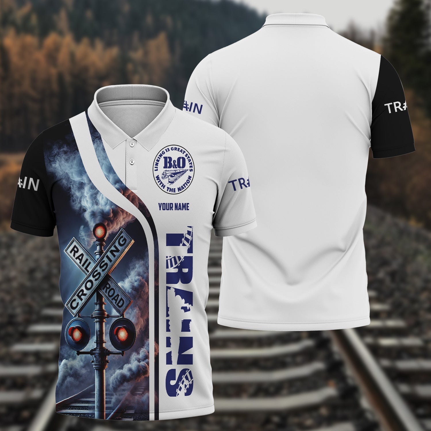 Railspirit Personalized B&O Great States Railroad Polo Shirt Crossing Railroad Sign American Locomotive Train