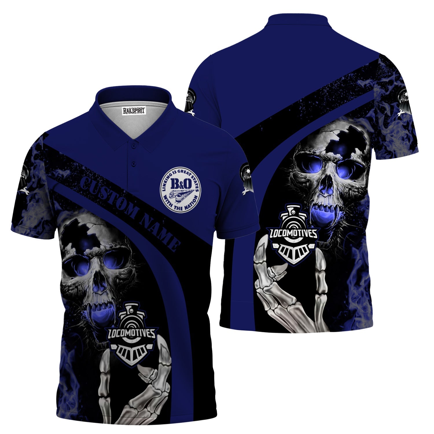 Railspirit Personalized B&O Great States Railroad Polo Shirt Flame Skull Design Train Shirt for Locomotive Fans