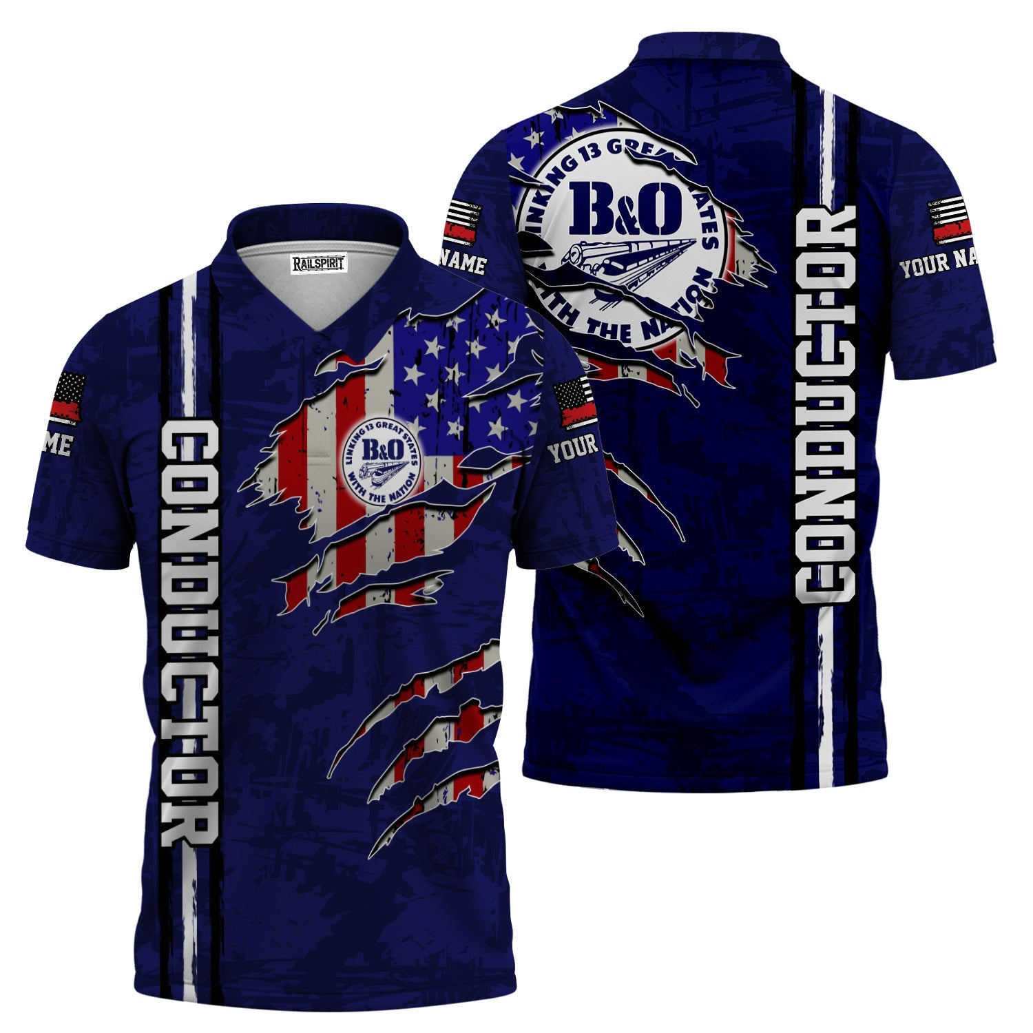 Railspirit Personalized B&O Great States Railroad Polo Shirt USA Flag Claw Art with Custom Job Train Shirt