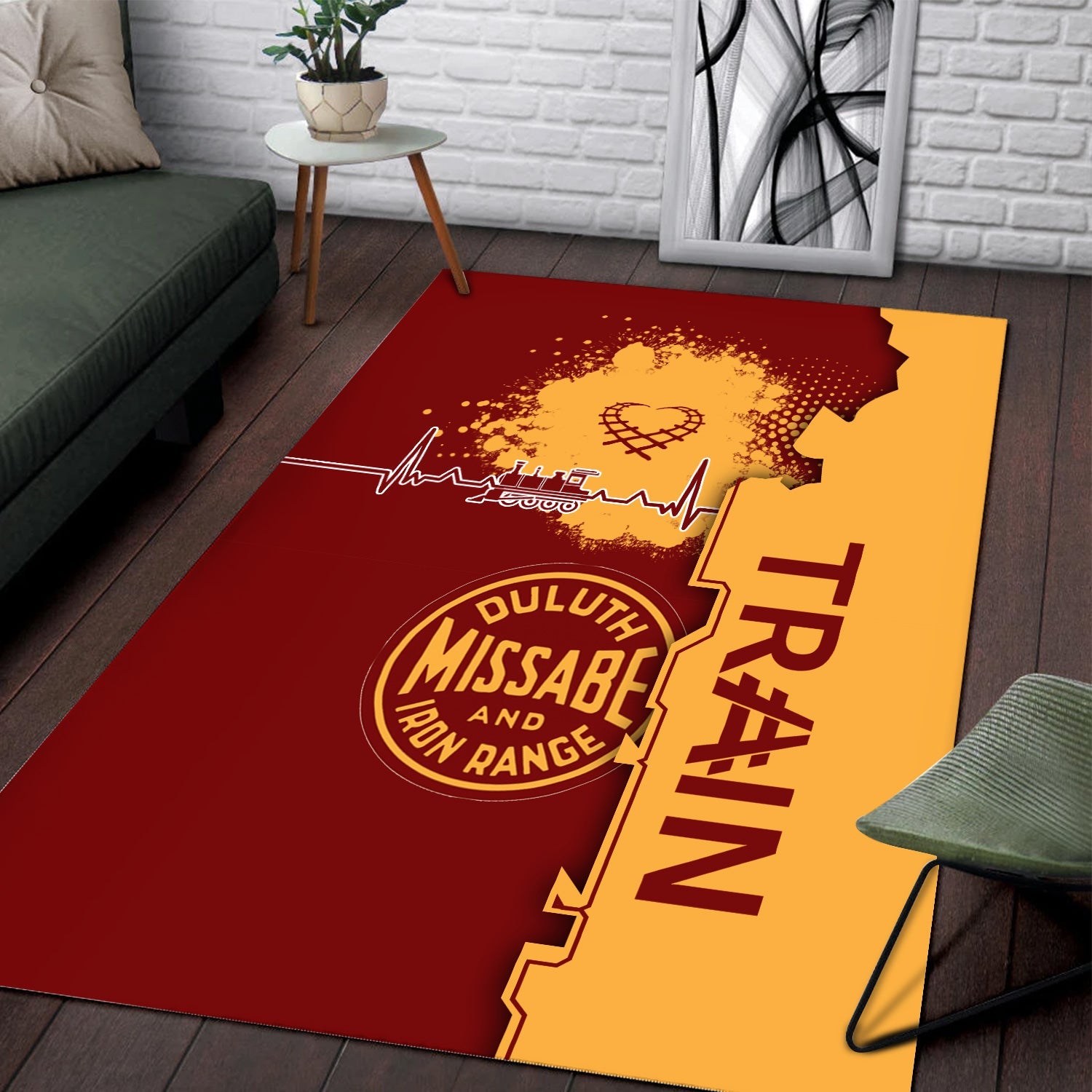 Railspirit Duluth, Missabe, & Iron Range Railroad Area Rug Engine Heartbeat and Track Love Style Rug Gift Idea For Train Lovers