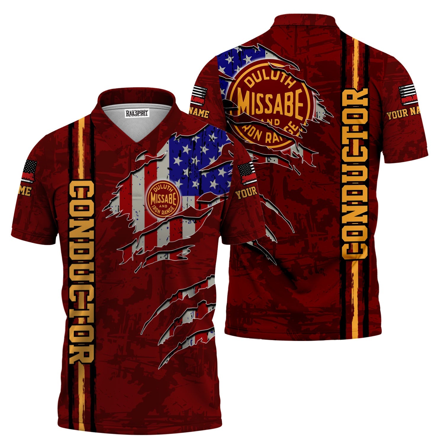 Railspirit Personalized Duluth, Missabe, & Iron Range Railroad Polo Shirt USA Flag Claw Art with Custom Job Train Shirt