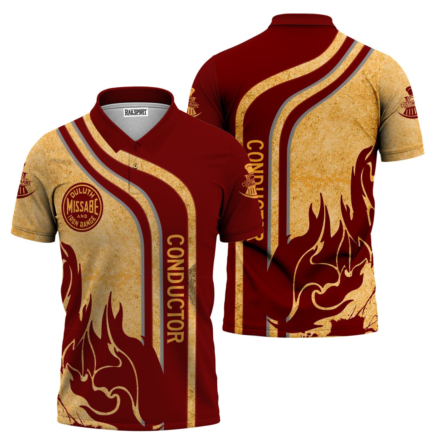 Railspirit Personalized Duluth, Missabe, & Iron Range Railroad Polo Shirt Flame Design with Custom Job Position Train Shirt