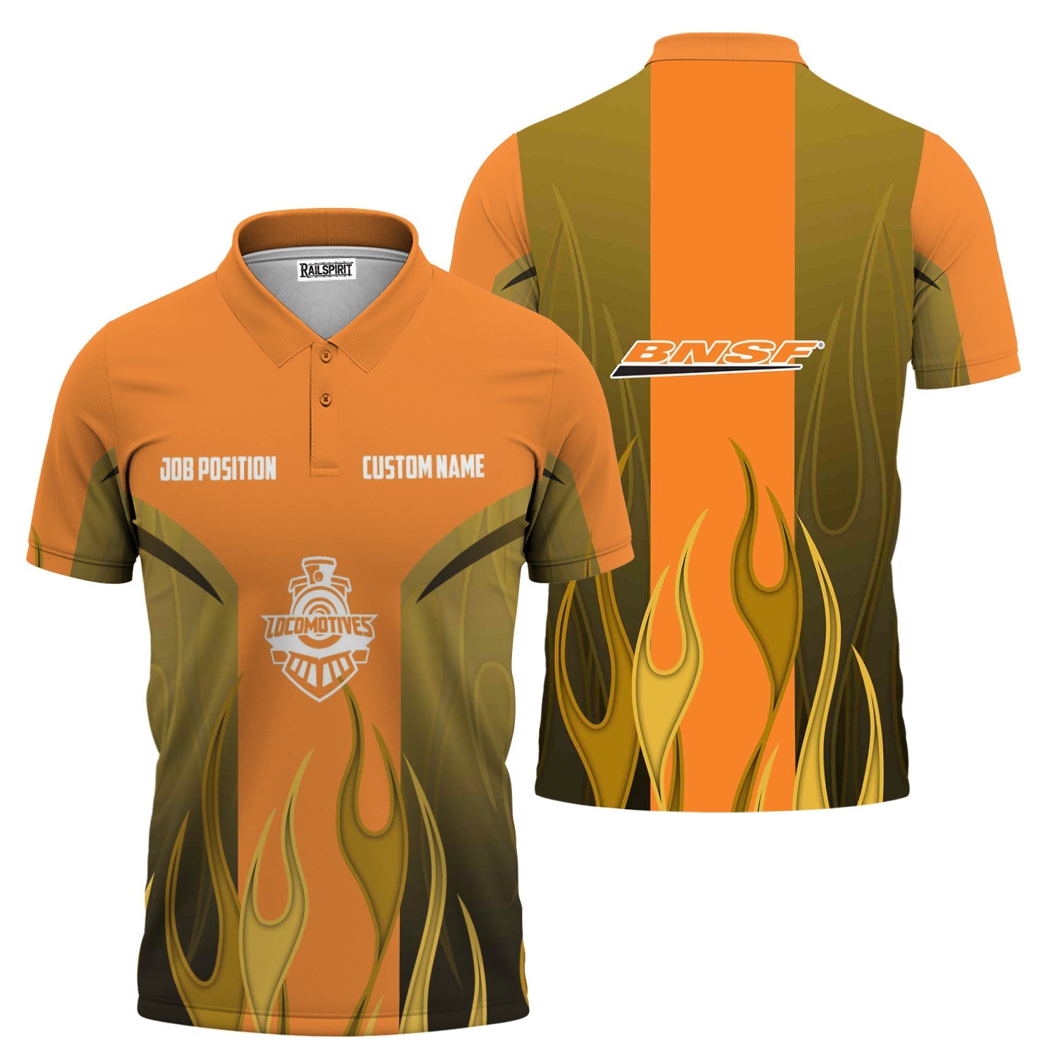 Railspirit Custom Name and Job Title BNSF Railway Polo Shirt Flame Graphic Train Shirt