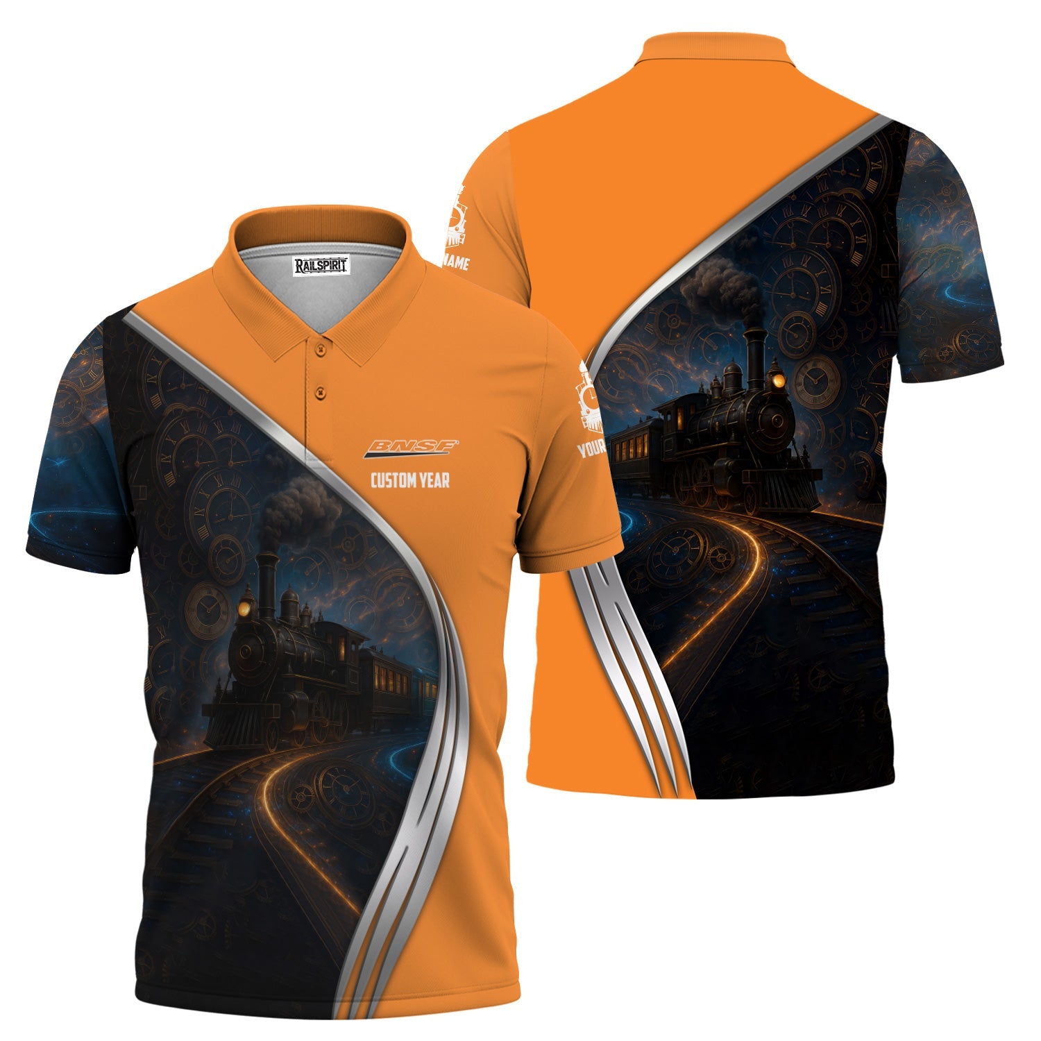 Railspirit Personalized BNSF Railway Polo Shirt Steampunk Locomotive with Custom Year Train Shirt