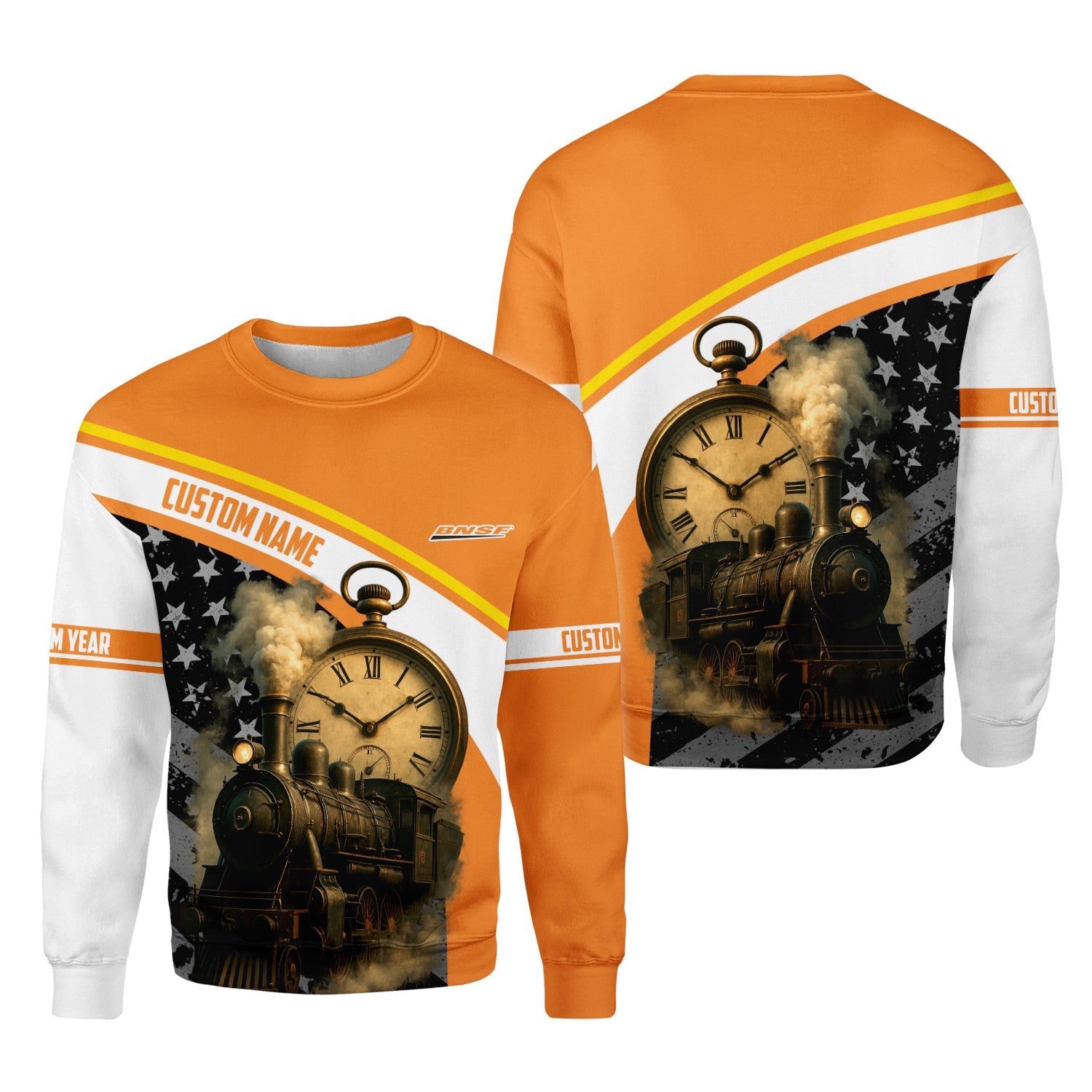 Railspirit Personalized BNSF Railway Sweatshirt Classic Steam Engine With Retro Pocket Watch Shirt All Over Print