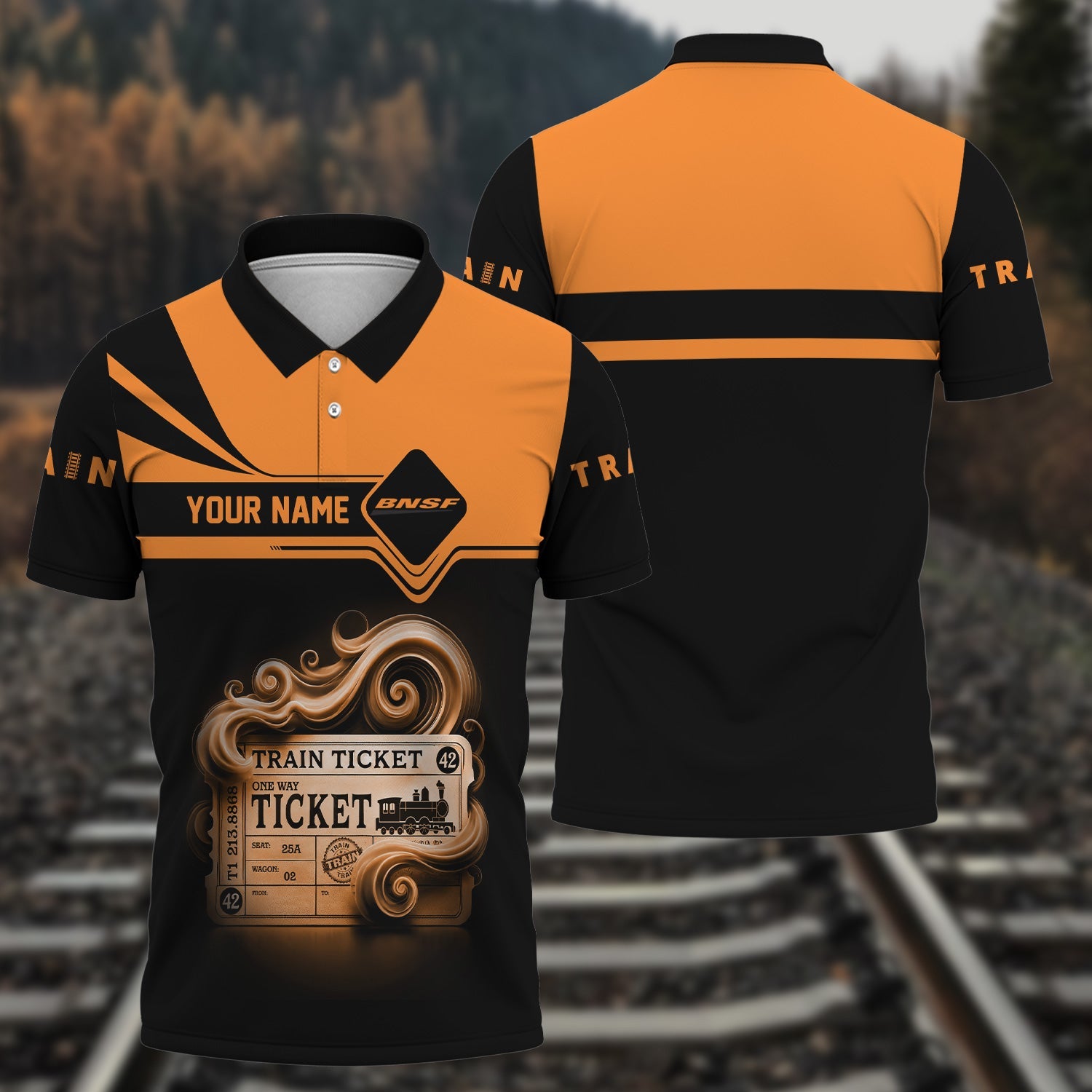 Railspirit Custom Name BNSF Railway Polo Shirt American Train Ticket Printed Shirt