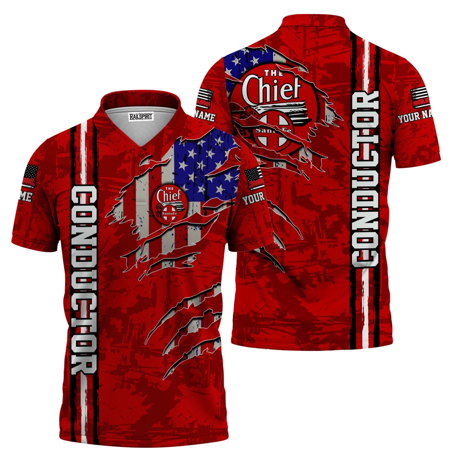 Railspirit Personalized The Chief Santa Fe Railroad Polo Shirt USA Flag Claw Art with Custom Job Train Shirt