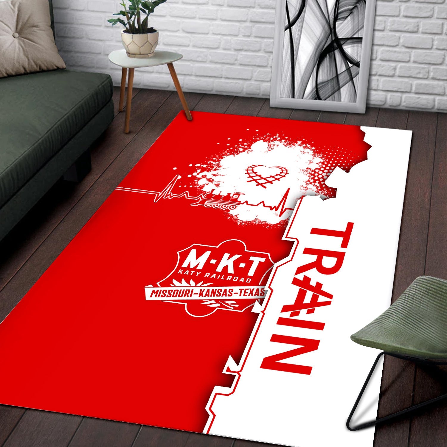 Railspirit Katy Railroad Area Rug Engine Heartbeat and Track Love Style Rug Gift Idea For Train Lovers