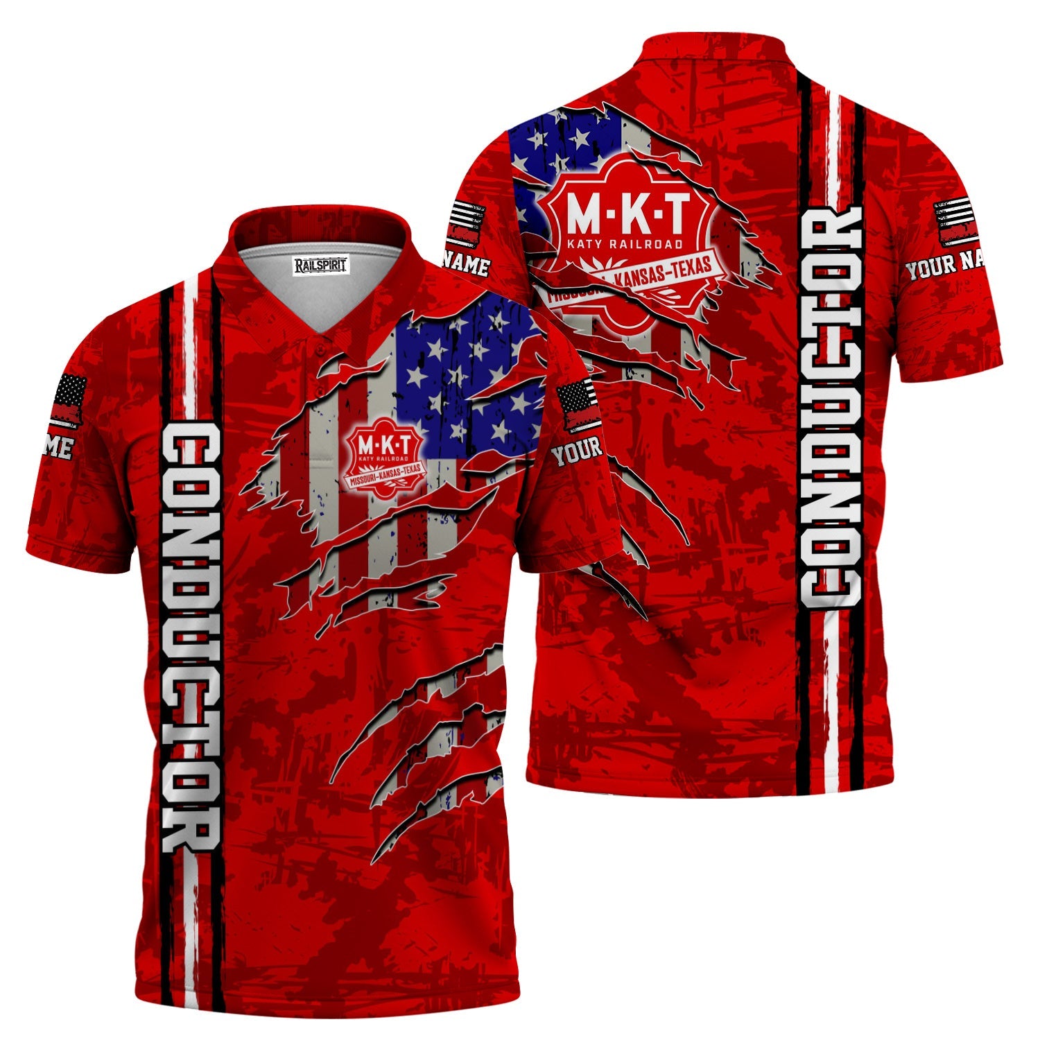 Railspirit Personalized Katy Railroad Polo Shirt USA Flag Claw Art with Custom Job Train Shirt